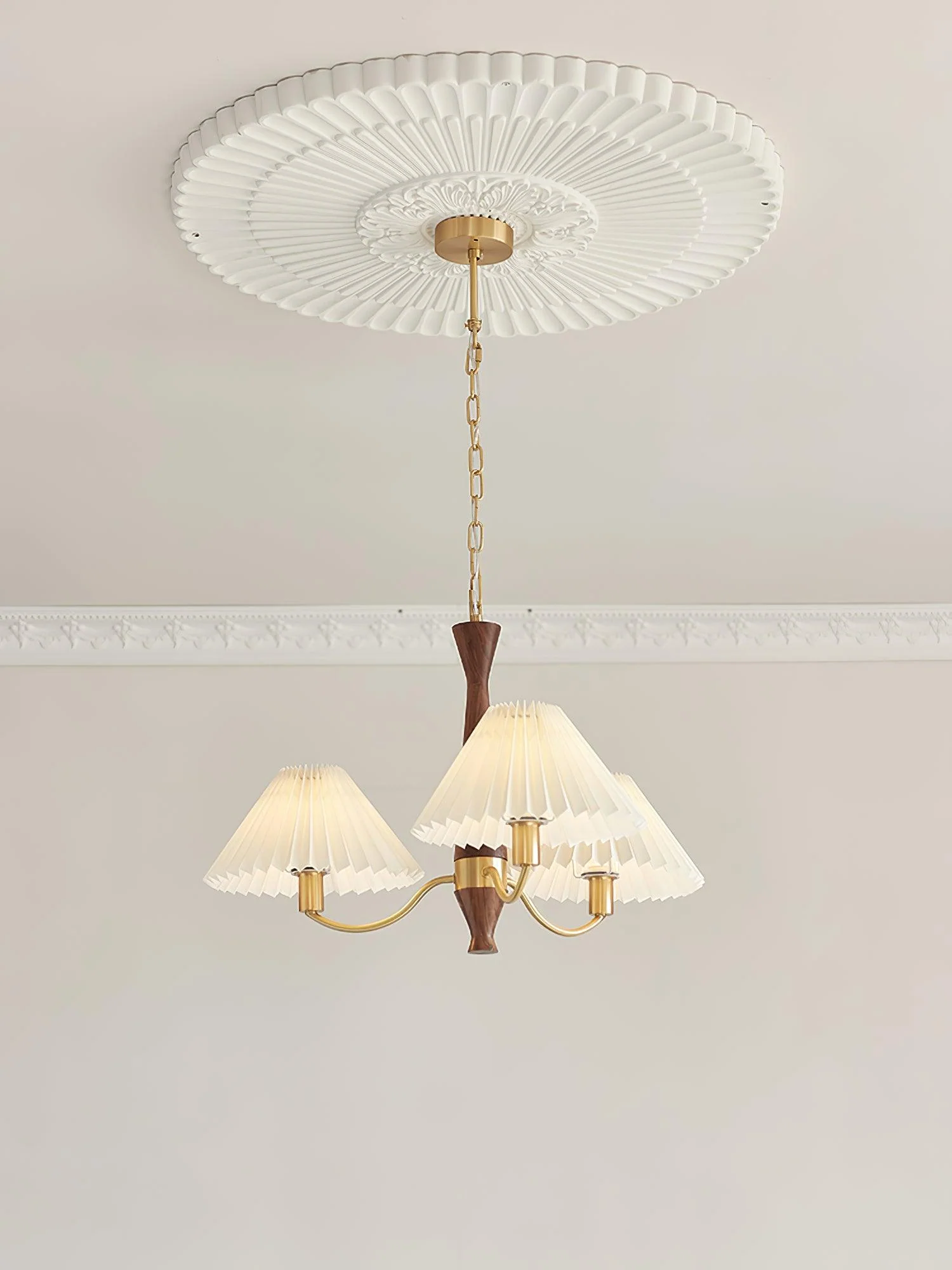 Lustra Chandelier Pleated with White Lampshades Mid-Century - Image 20