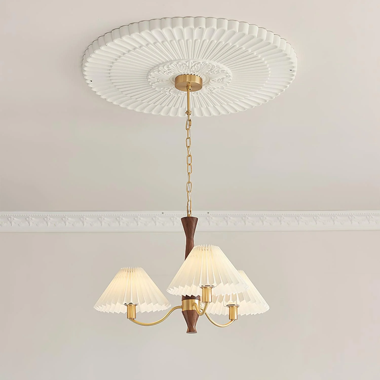 Lustra Chandelier Pleated with White Lampshades Mid-Century - Image 22