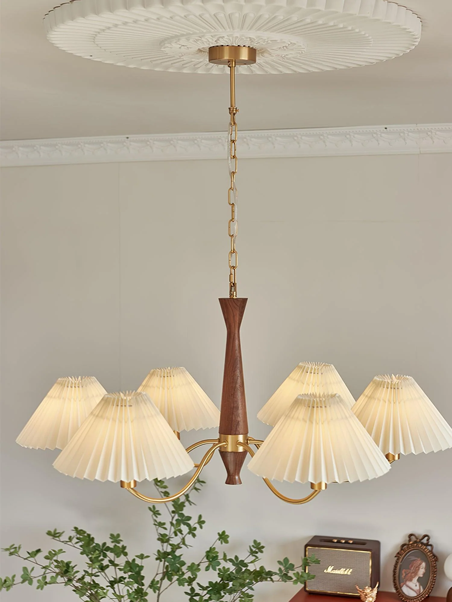 Lustra Chandelier Pleated with White Lampshades Mid-Century - Image 24