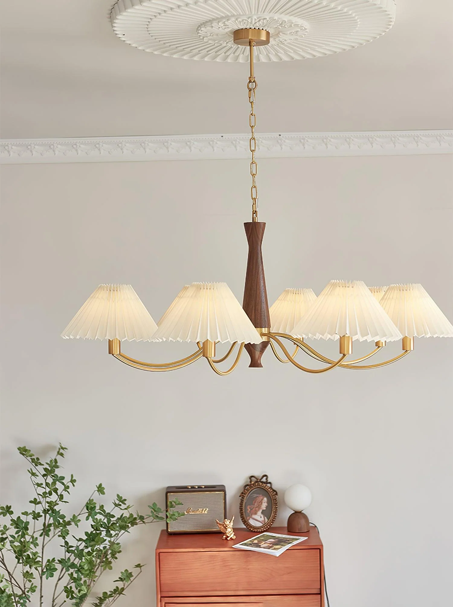 Lustra Chandelier Pleated with White Lampshades Mid-Century - Image 25