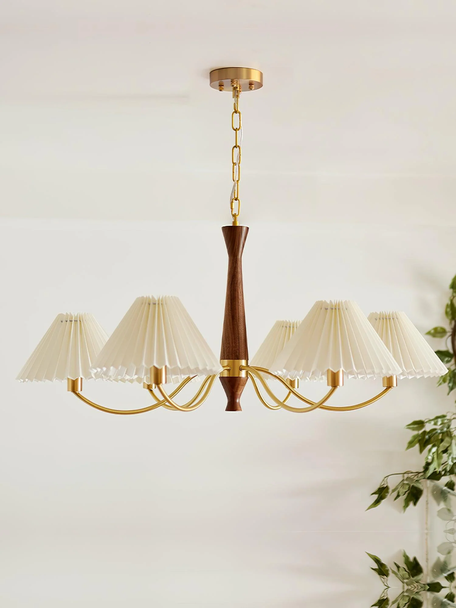 Lustra Chandelier Pleated with White Lampshades Mid-Century - Image 26