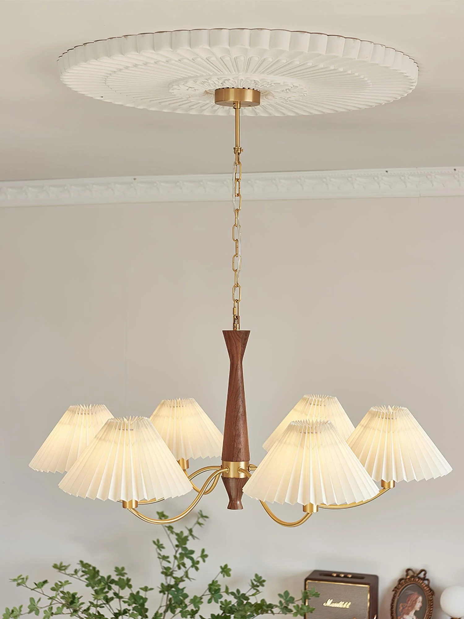 Lustra Chandelier Pleated with White Lampshades Mid-Century - Image 27
