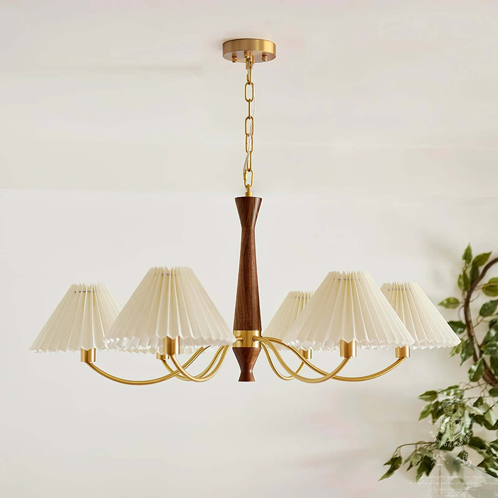 Lustra Chandelier Pleated with White Lampshades Mid-Century - Image 4