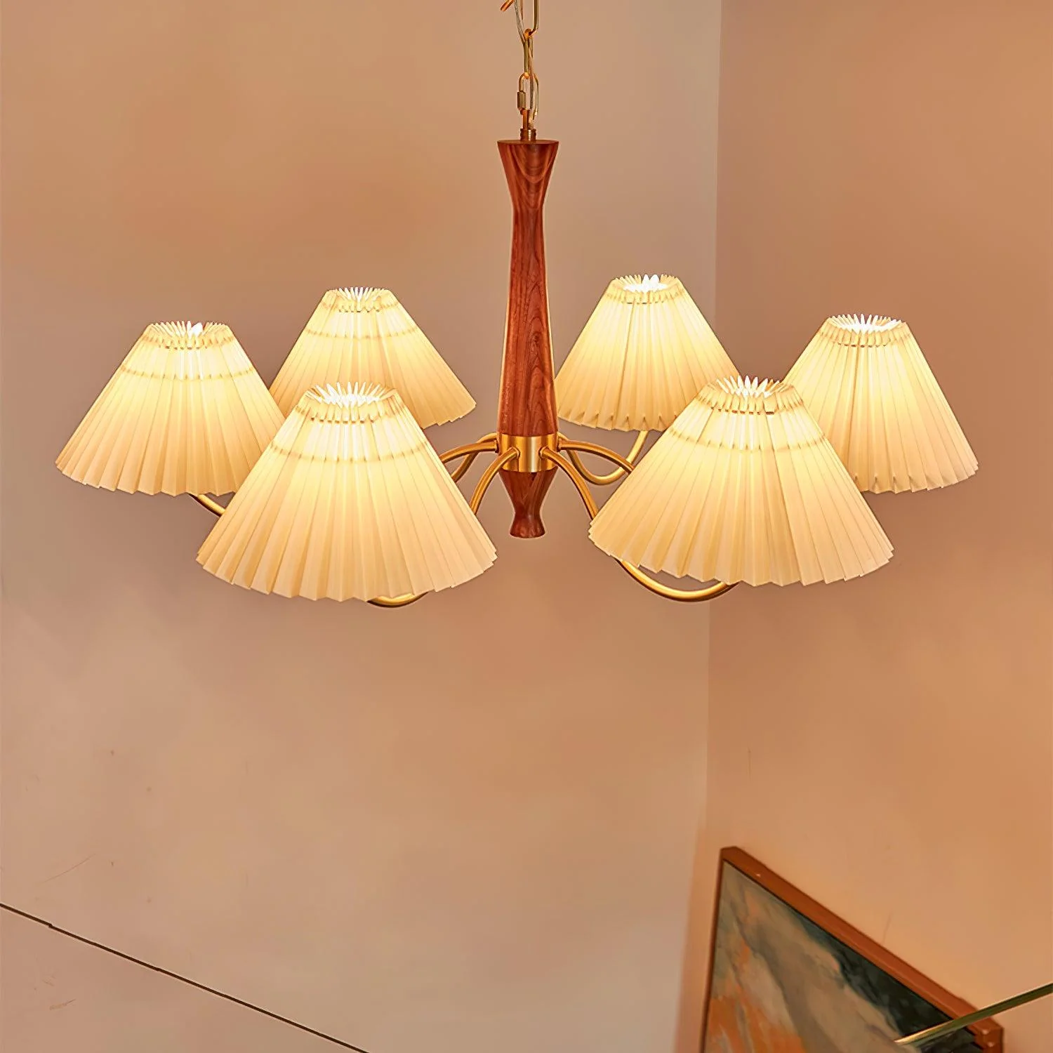Lustra Chandelier Pleated with White Lampshades Mid-Century - Image 9