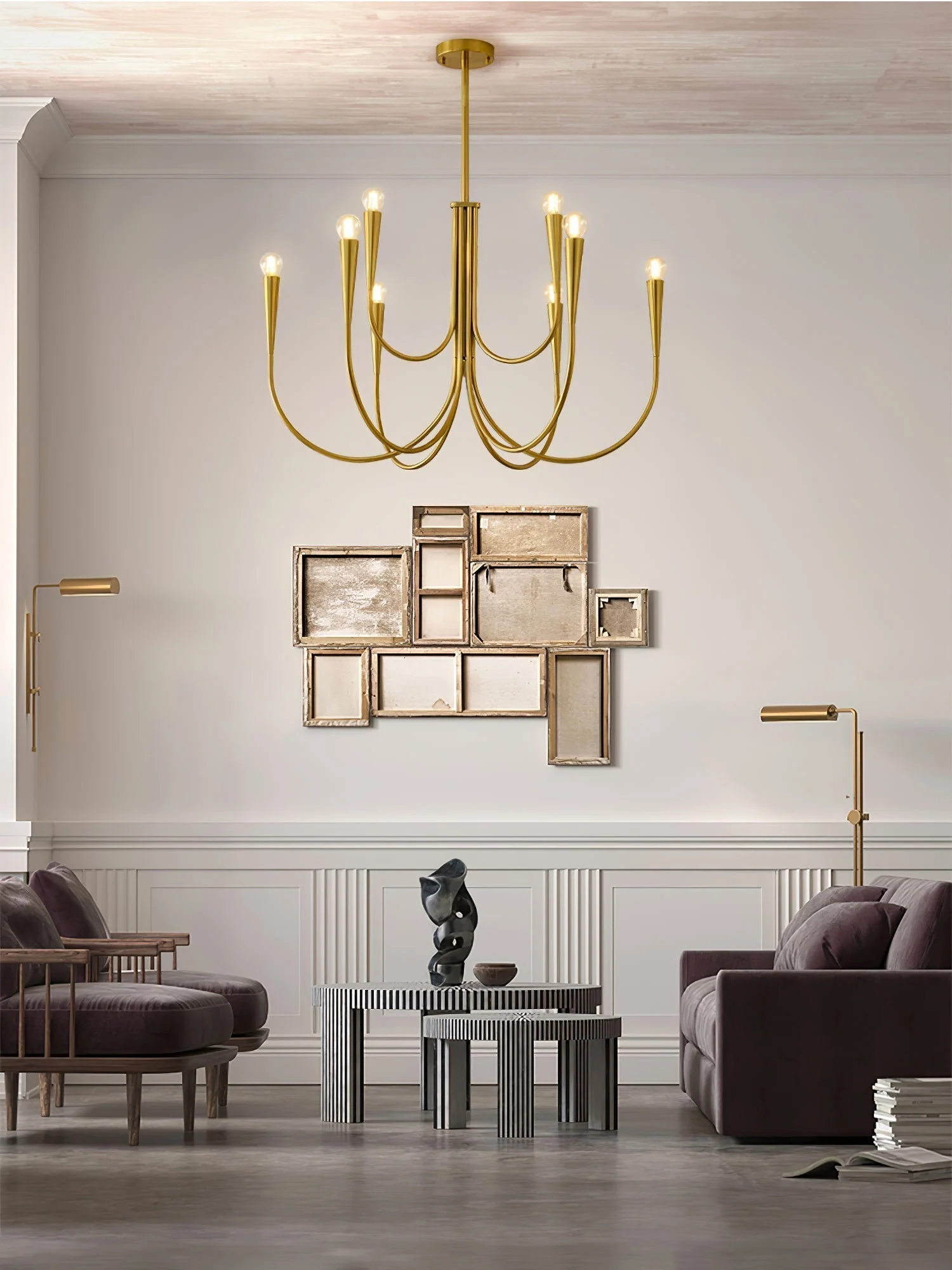 Lustra Chandelier Swoop Arm Brass Minimalist - Image 19