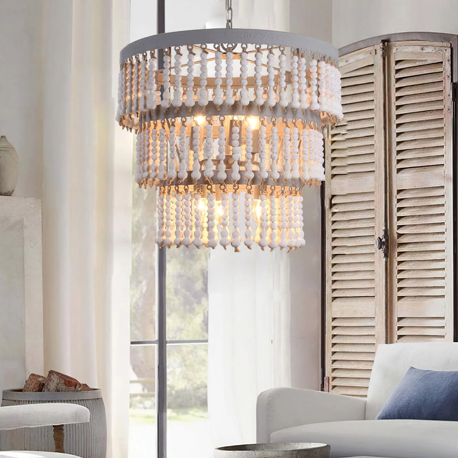 Lustra Chandelier Three Tiered Wood Beaded - Image 10