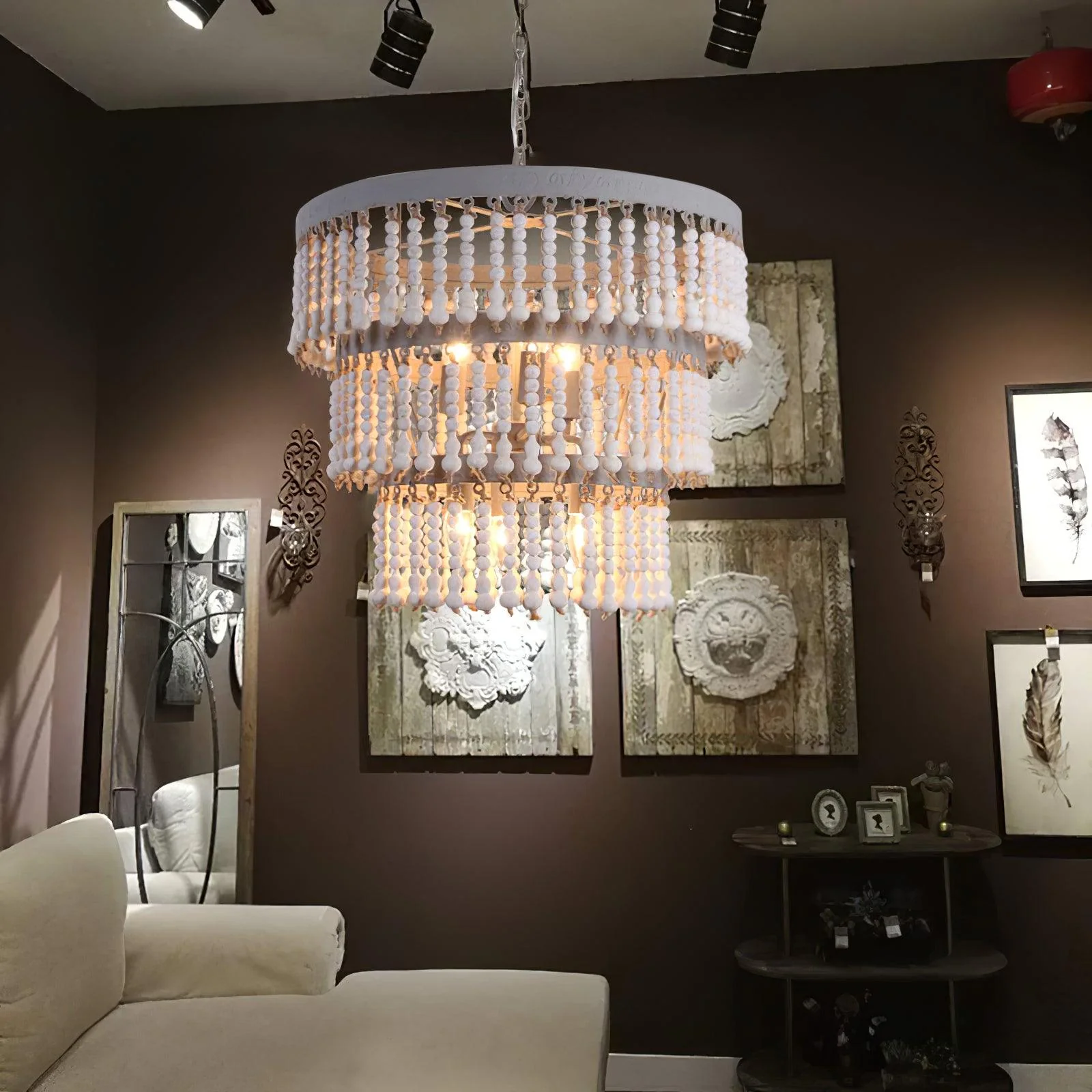 Lustra Chandelier Three Tiered Wood Beaded - Image 11