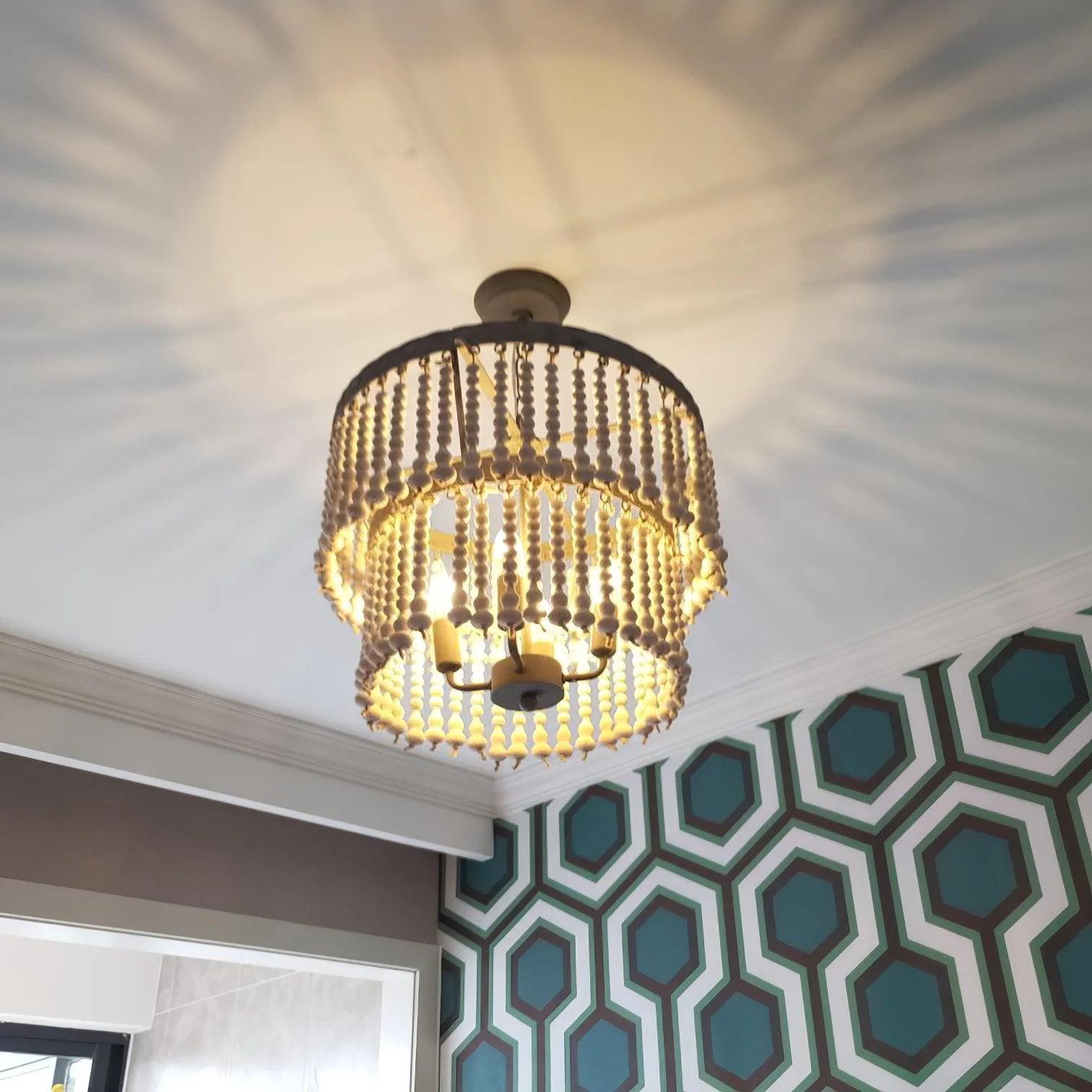 Lustra Chandelier Three Tiered Wood Beaded - Image 3