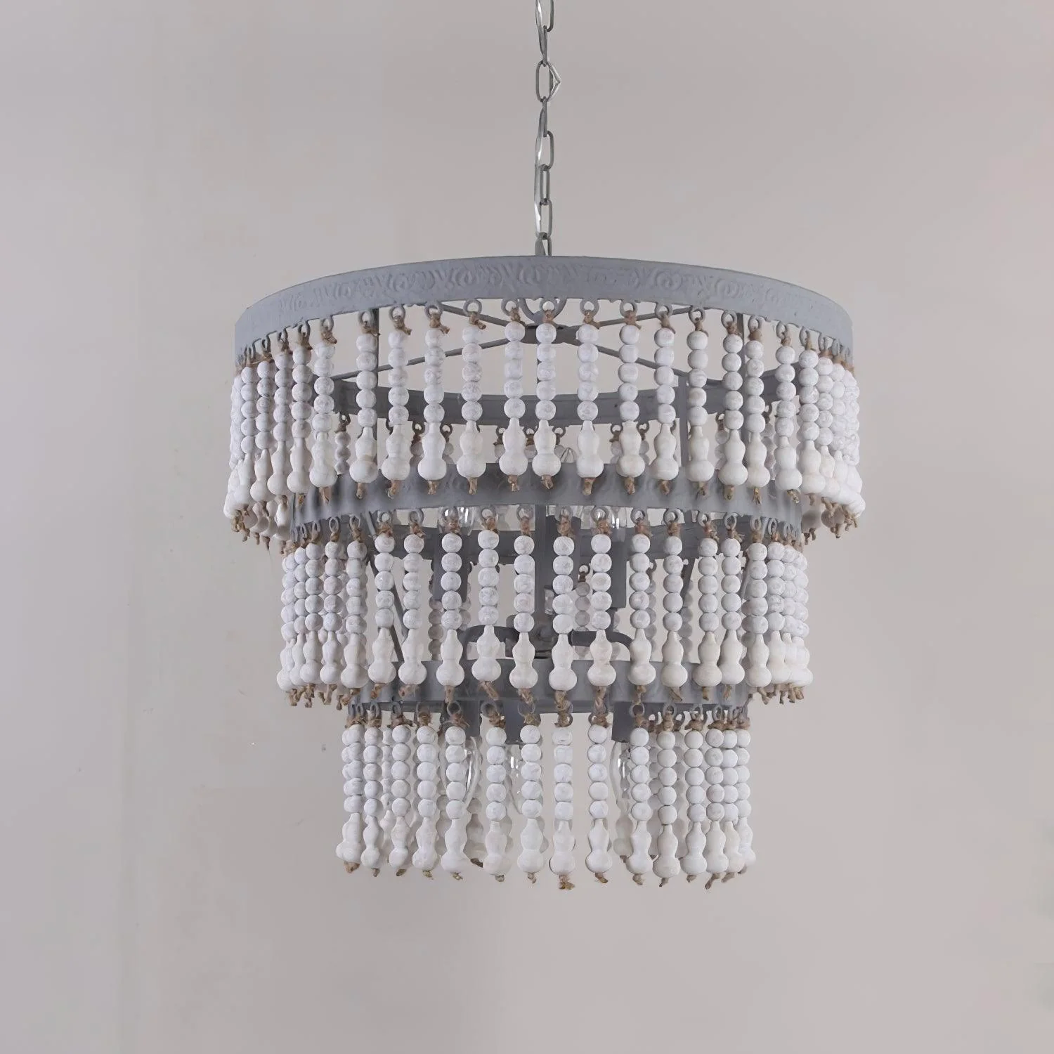 Lustra Chandelier Three Tiered Wood Beaded - Image 5