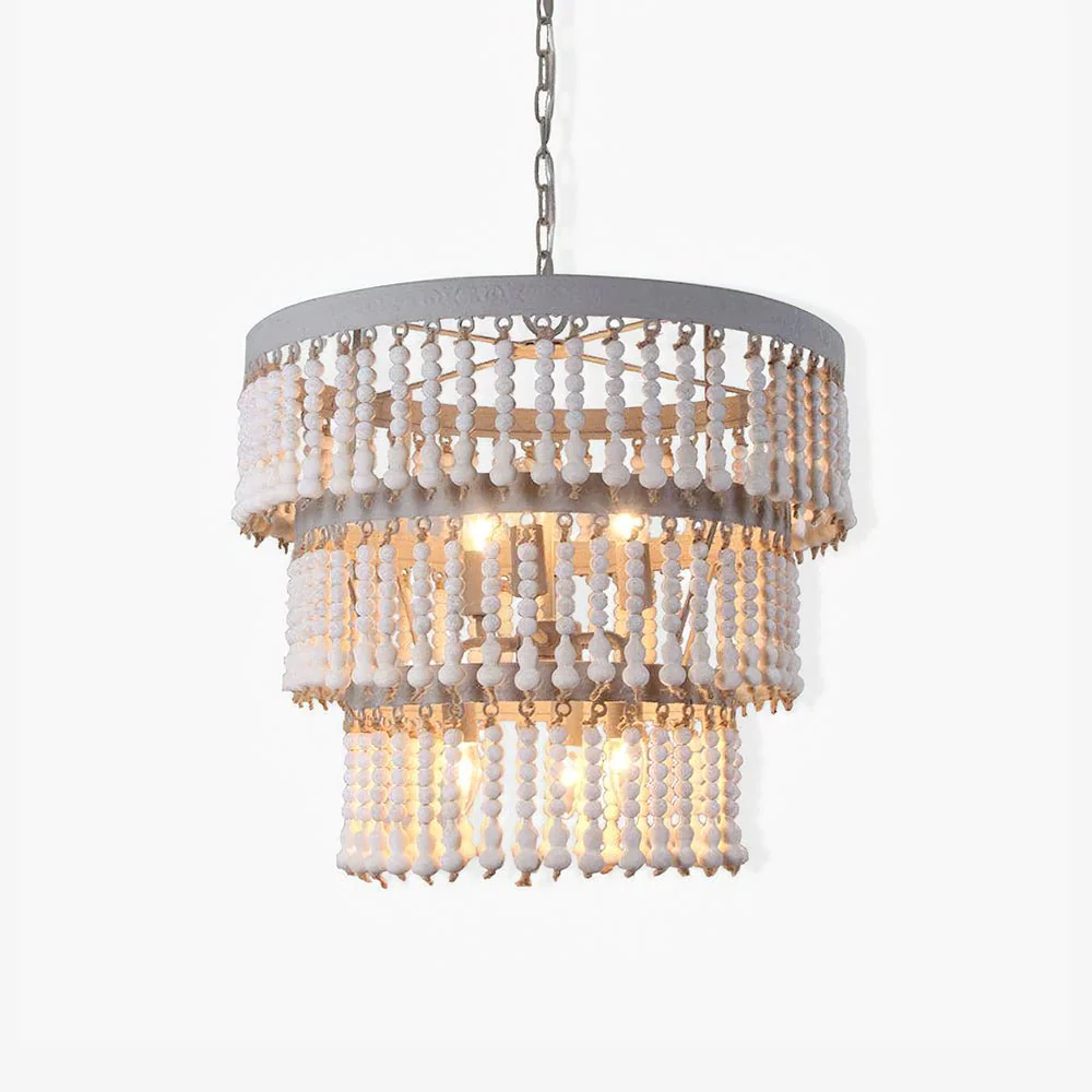 Lustra Chandelier Three Tiered Wood Beaded - Image 9