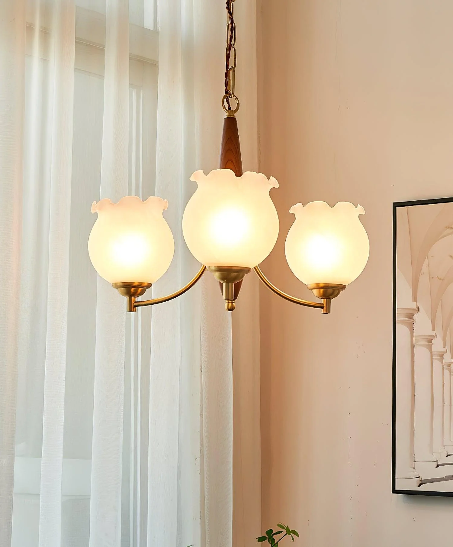 Lustra Chandelier Tulip Glass Wood Brass Vintage - Image 10