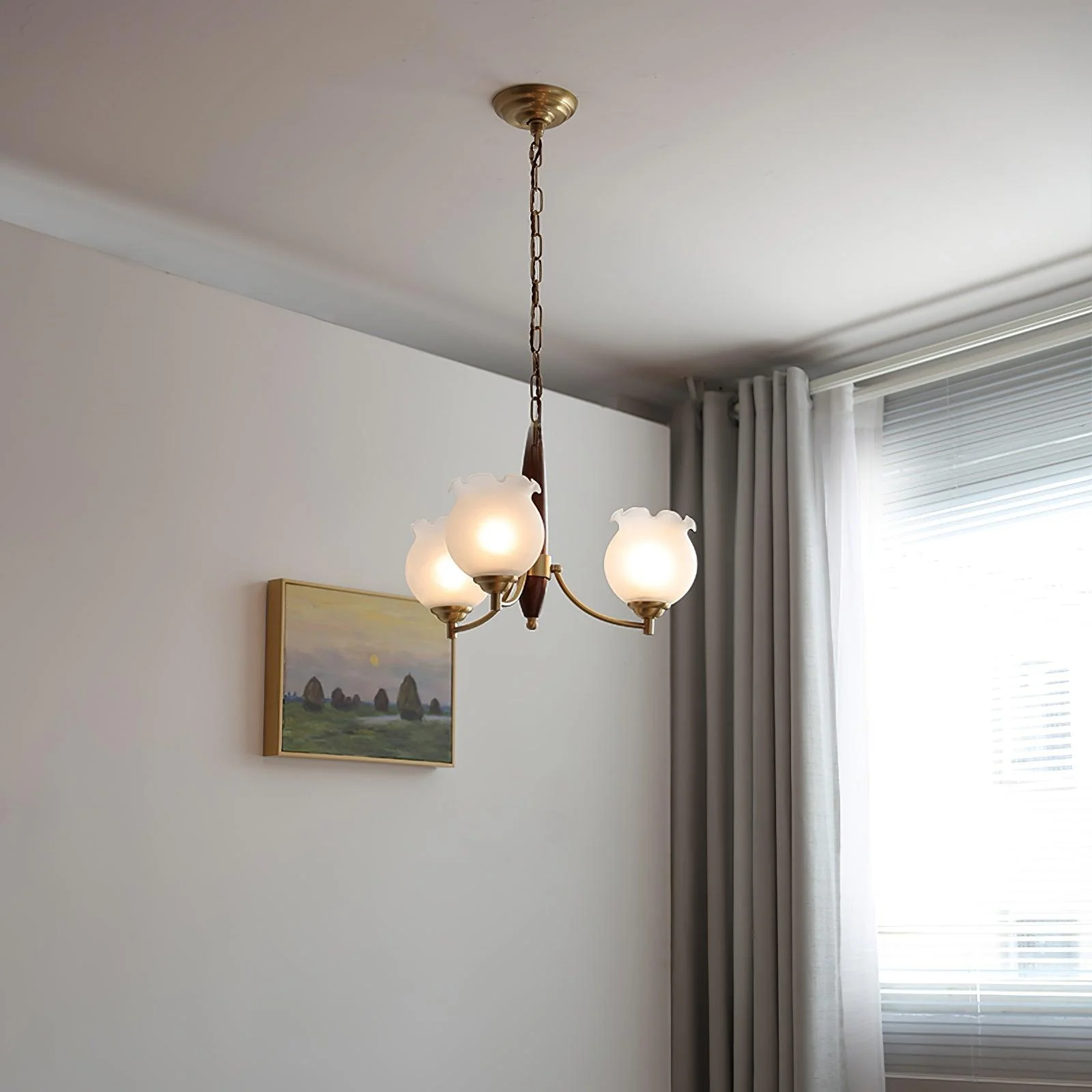 Lustra Chandelier Tulip Glass Wood Brass Vintage - Image 11