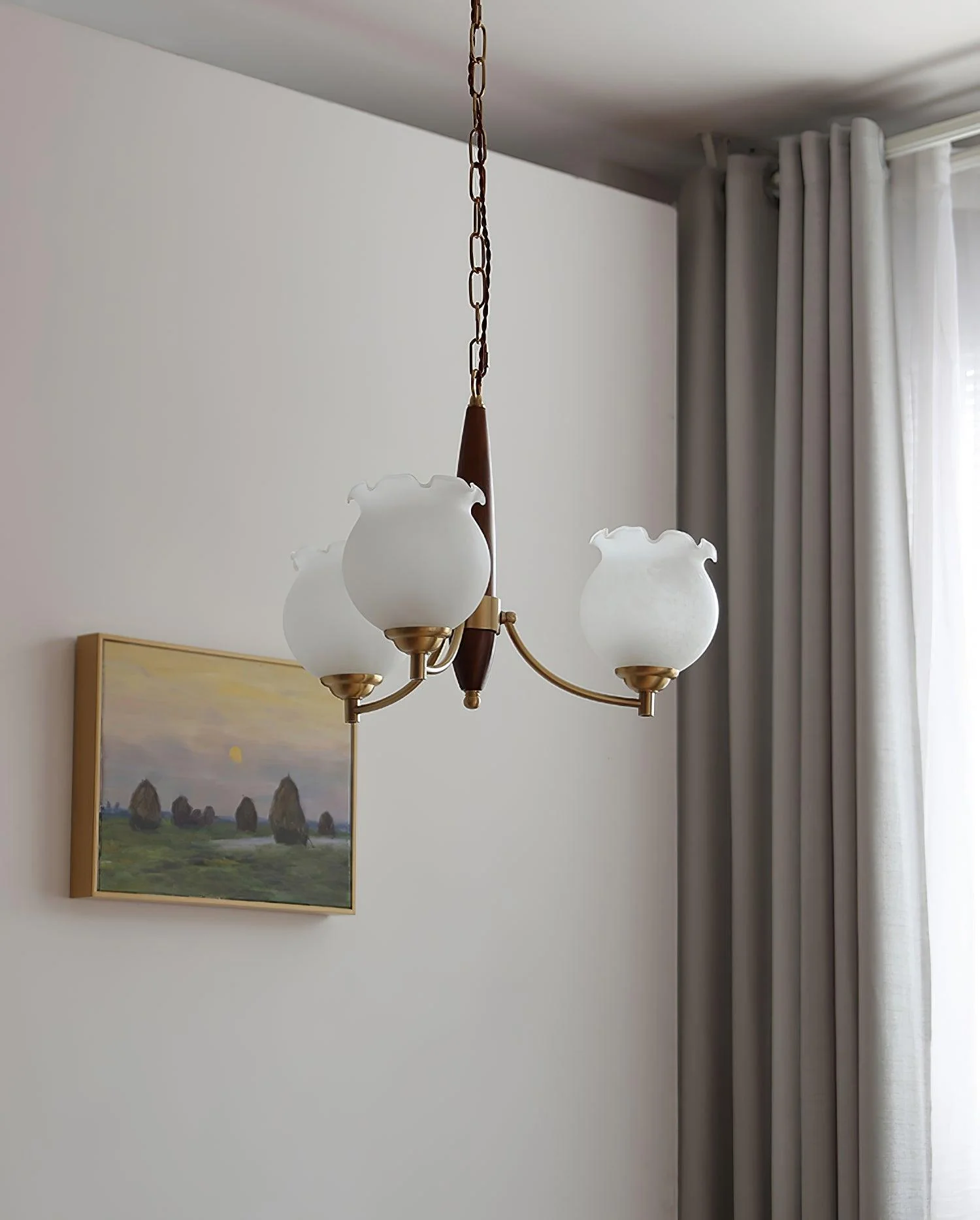 Lustra Chandelier Tulip Glass Wood Brass Vintage - Image 12