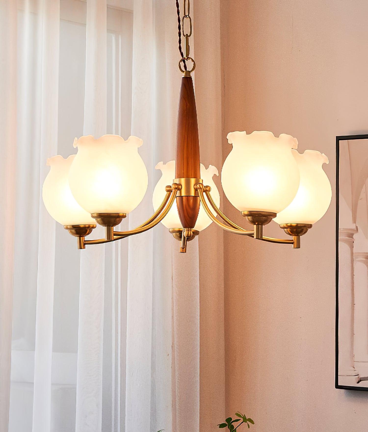 Lustra Chandelier Tulip Glass Wood Brass Vintage - Image 13