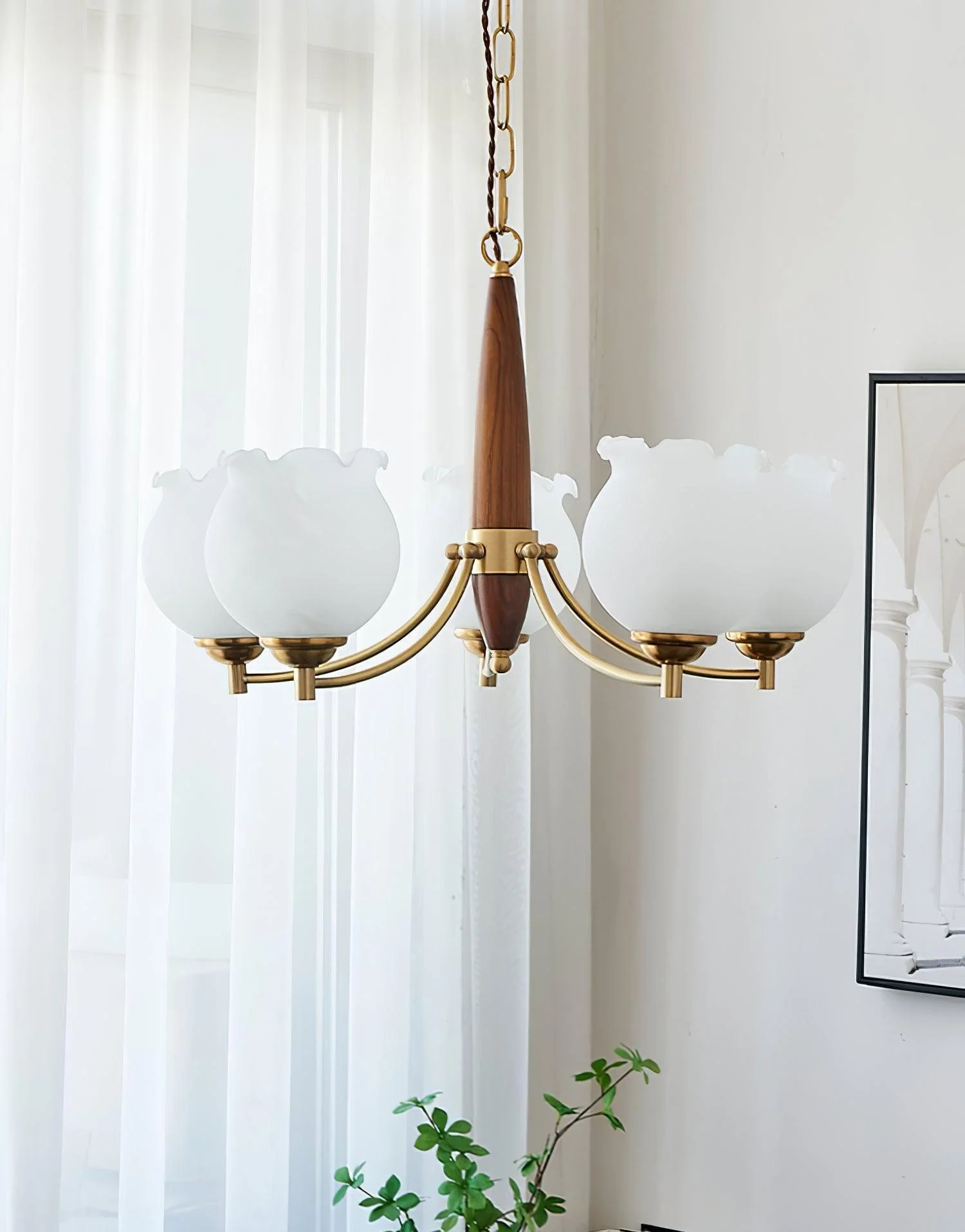 Lustra Chandelier Tulip Glass Wood Brass Vintage - Image 14