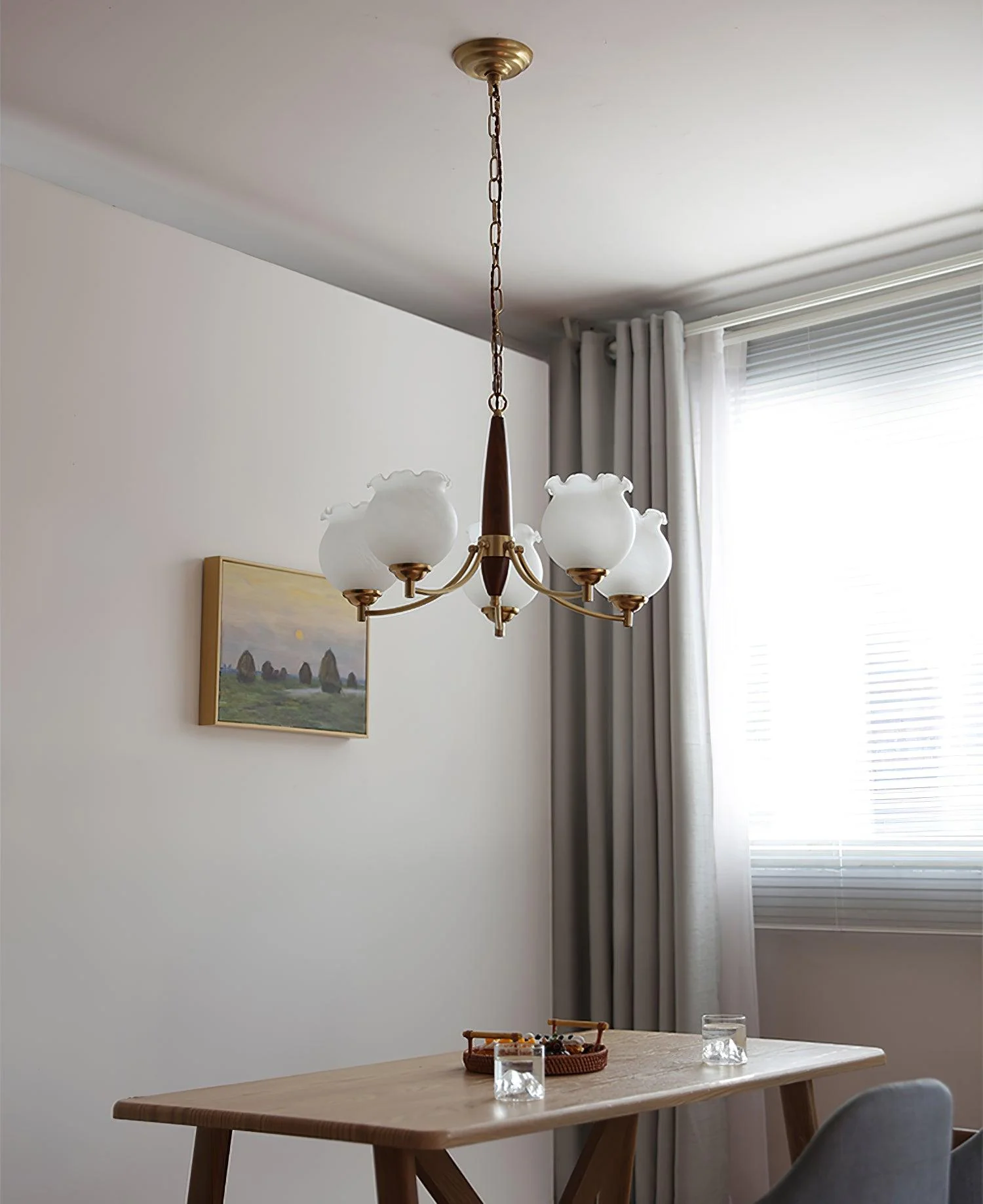 Lustra Chandelier Tulip Glass Wood Brass Vintage - Image 15