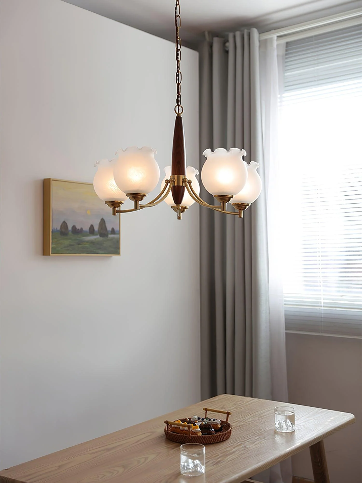 Lustra Chandelier Tulip Glass Wood Brass Vintage - Image 16