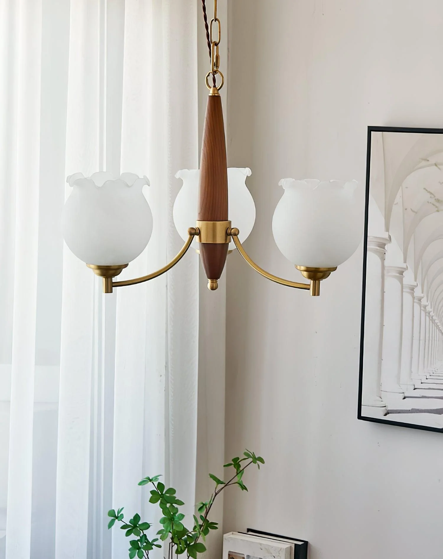 Lustra Chandelier Tulip Glass Wood Brass Vintage - Image 17