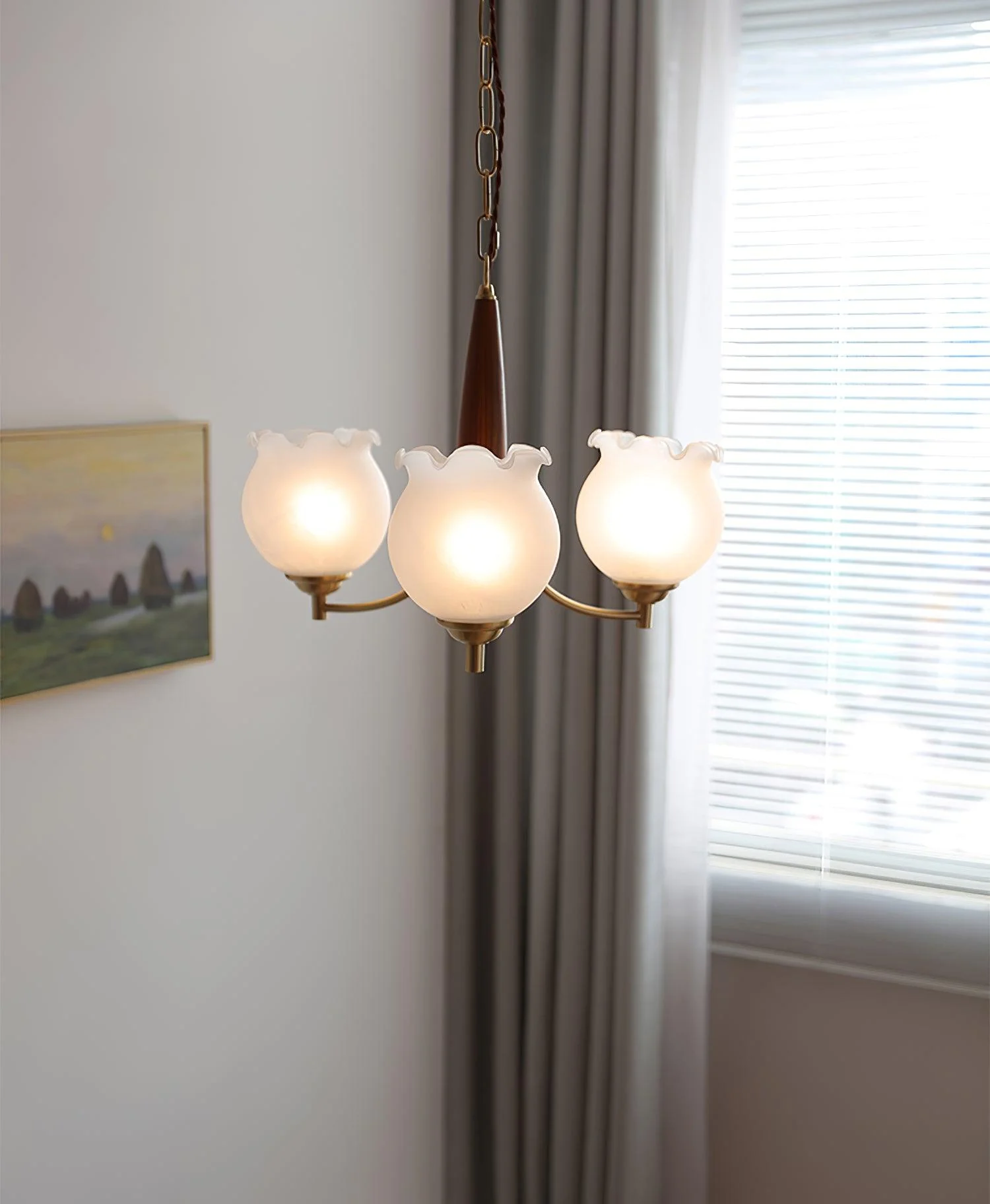 Lustra Chandelier Tulip Glass Wood Brass Vintage - Image 18