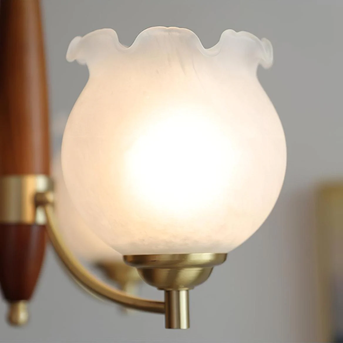 Lustra Chandelier Tulip Glass Wood Brass Vintage - Image 19