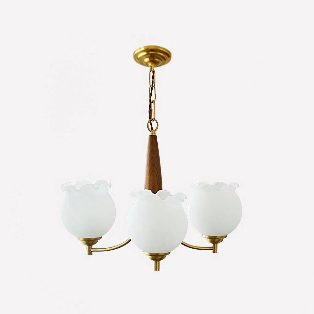 Lustra Chandelier Tulip Glass Wood Brass Vintage - Image 2
