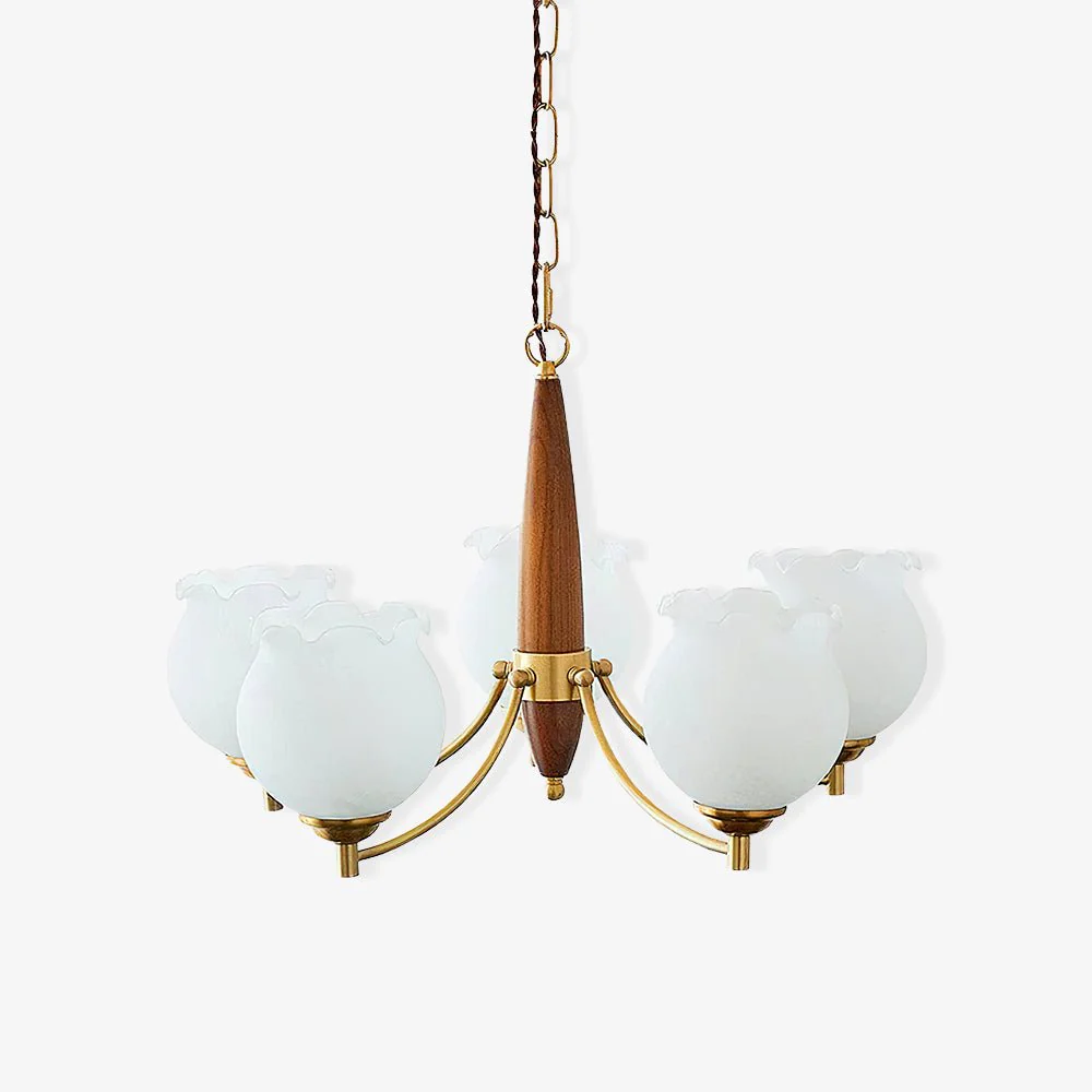 Lustra Chandelier Tulip Glass Wood Brass Vintage - Image 3