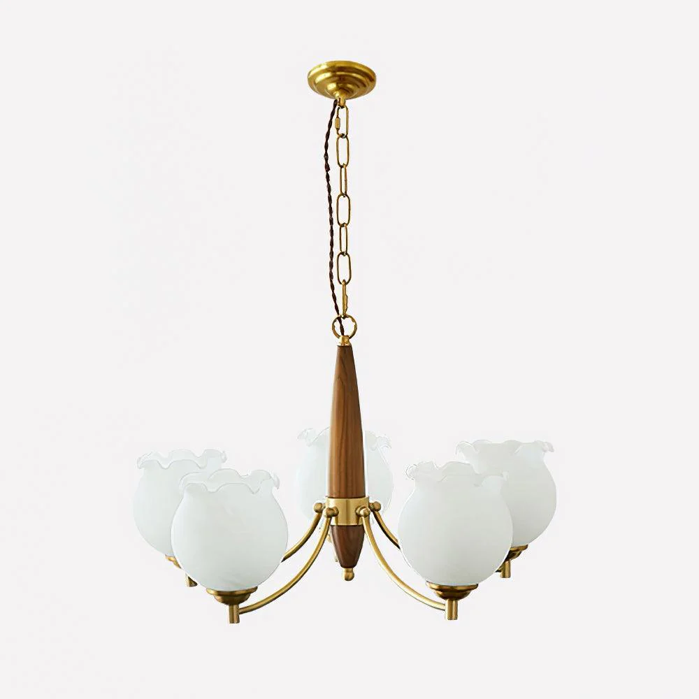 Lustra Chandelier Tulip Glass Wood Brass Vintage - Image 7