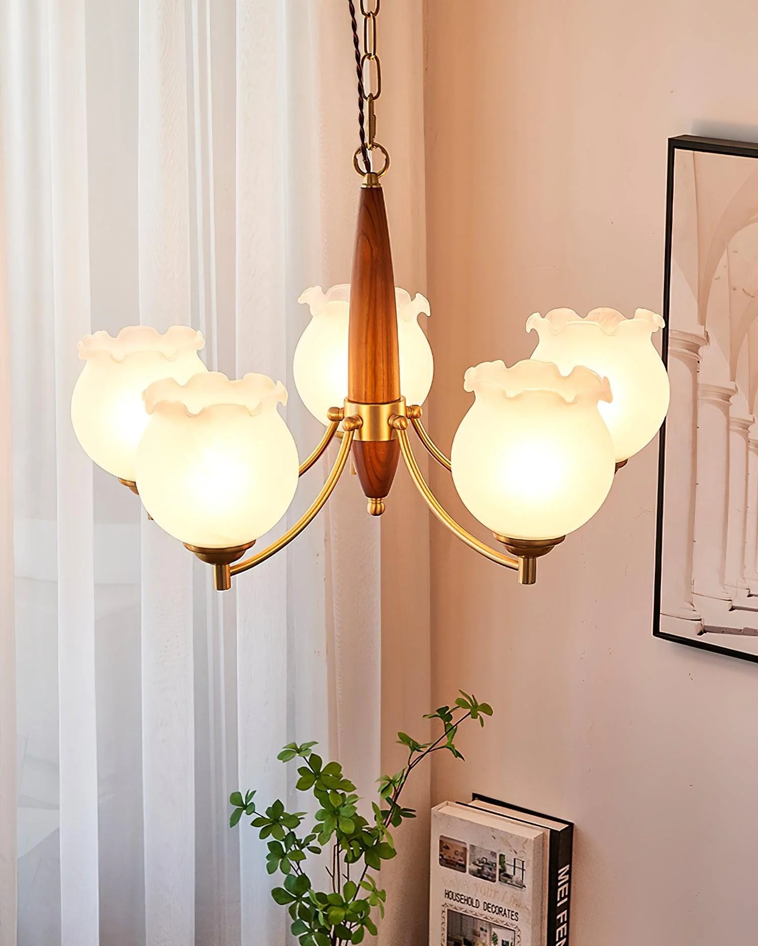 Lustra Chandelier Tulip Glass Wood Brass Vintage - Image 9