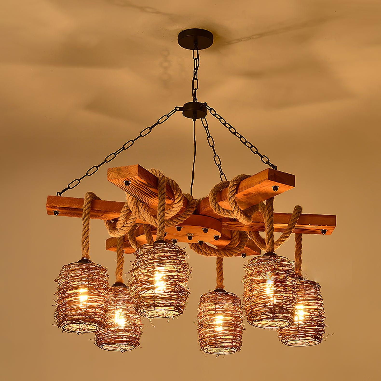 Lustra Chandelier Vintage Farmhouse Rattan Wooden - Image 11