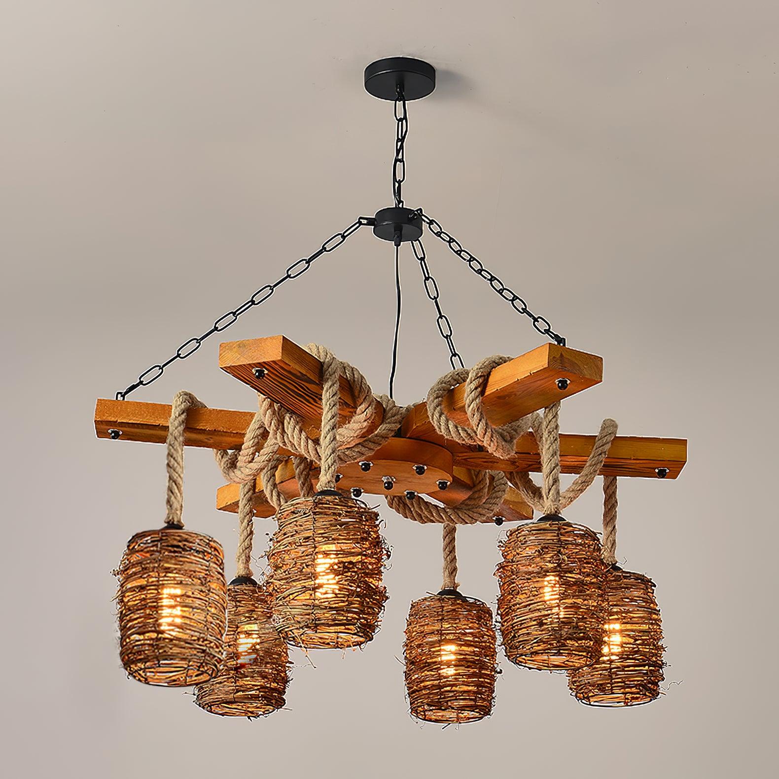 Lustra Chandelier Vintage Farmhouse Rattan Wooden - Image 13