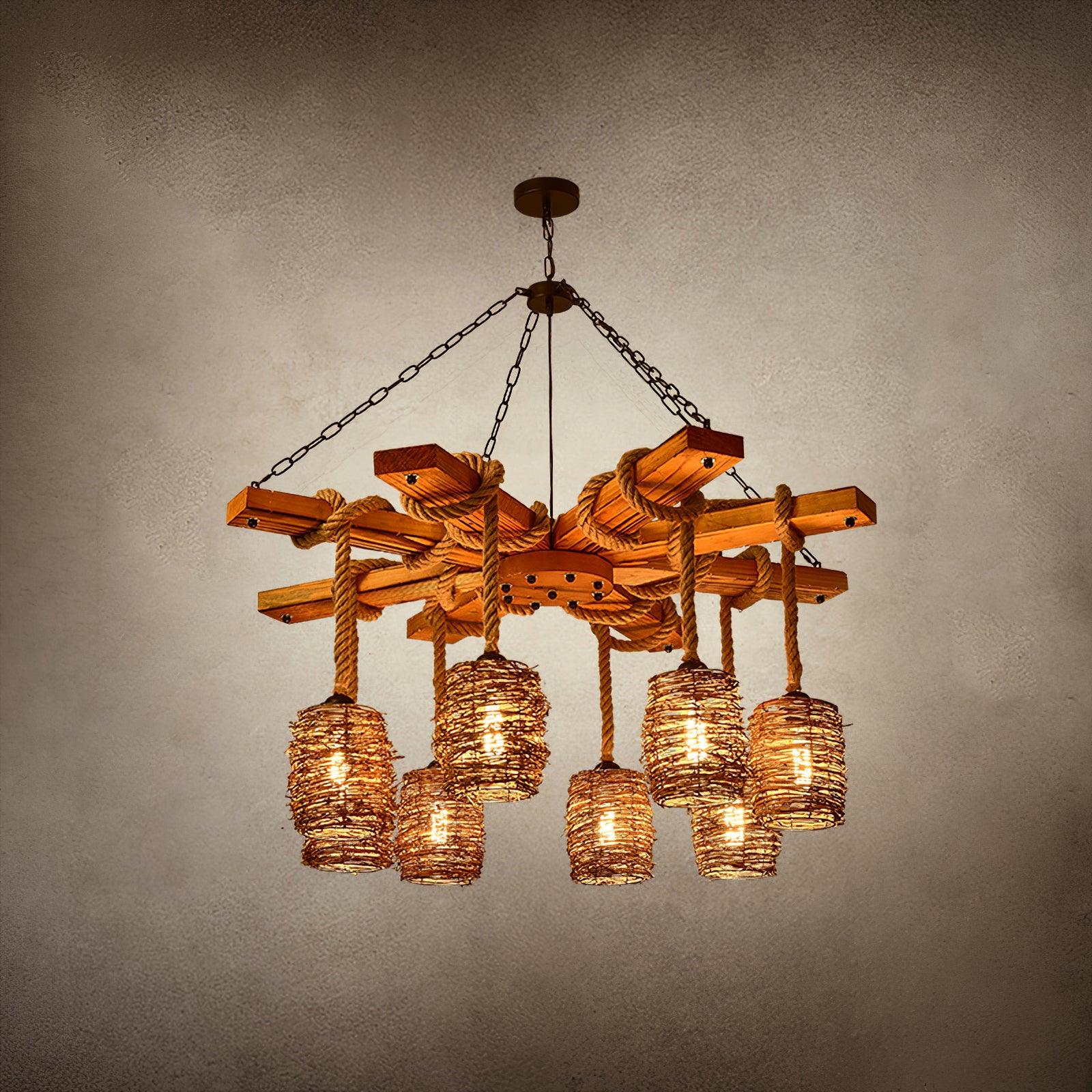 Lustra Chandelier Vintage Farmhouse Rattan Wooden - Image 15