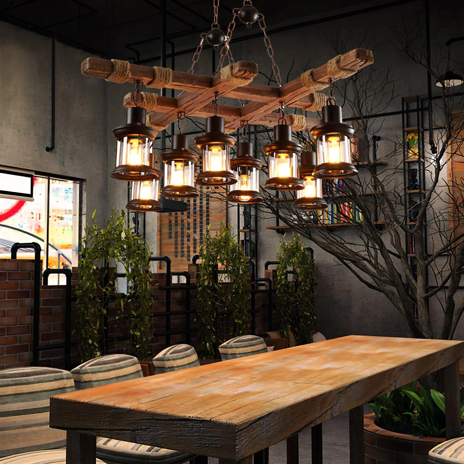 Lustra Chandelier Vintage Wood Glass Retro - Image 2