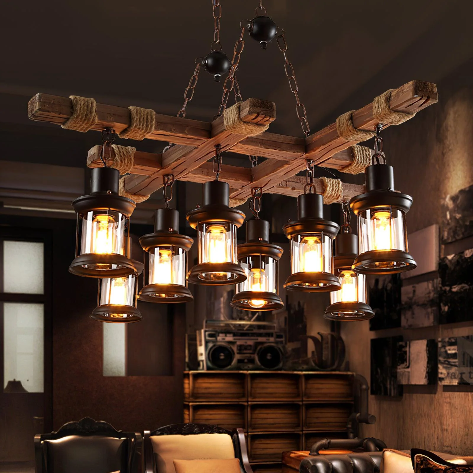 Lustra Chandelier Vintage Wood Glass Retro - Image 3