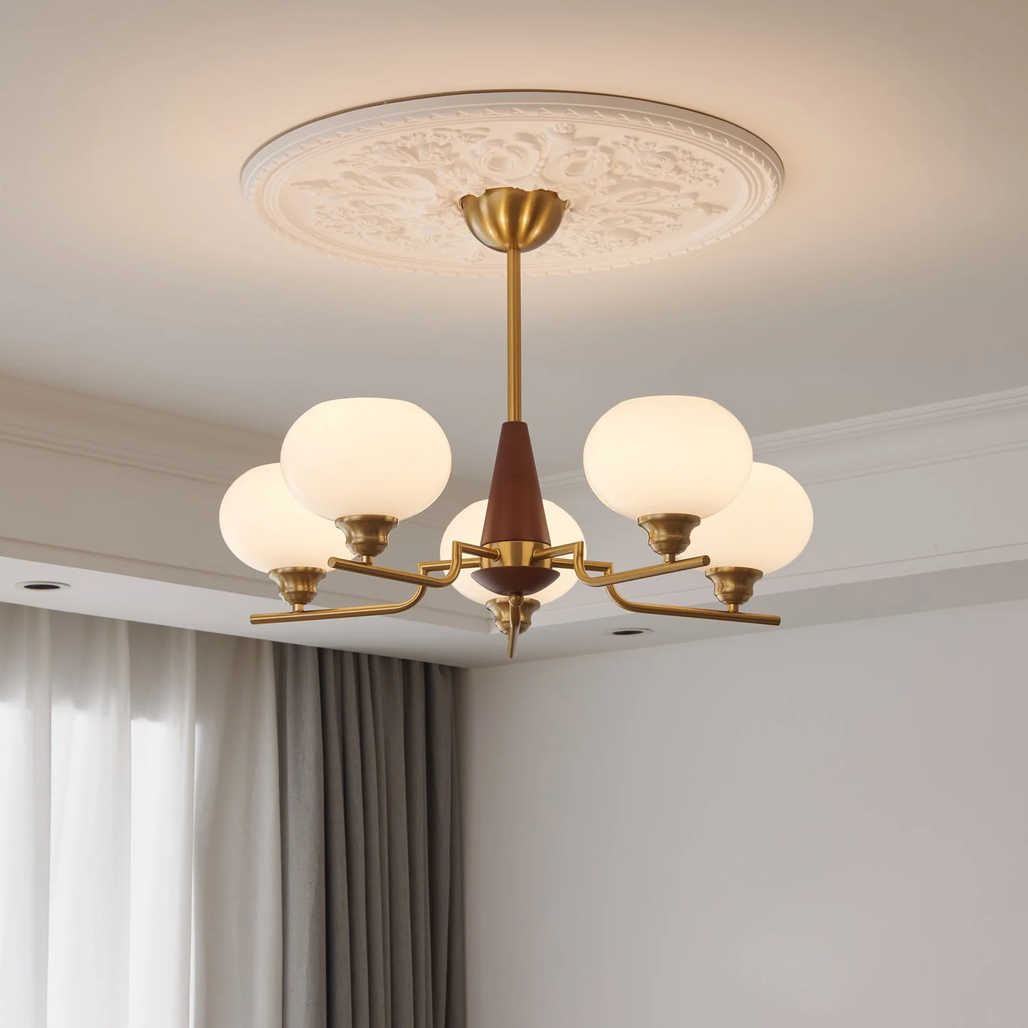 Lustra Chandelier Walnut Frosted Glass Globes - Image 19