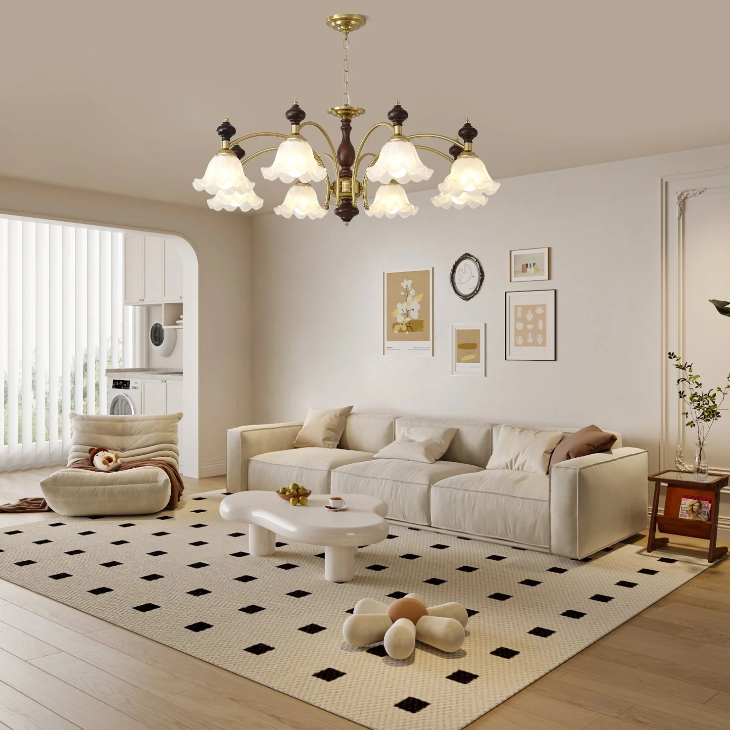 Lustra Chandelier Wood & Brass Blossom Flowers - Image 15
