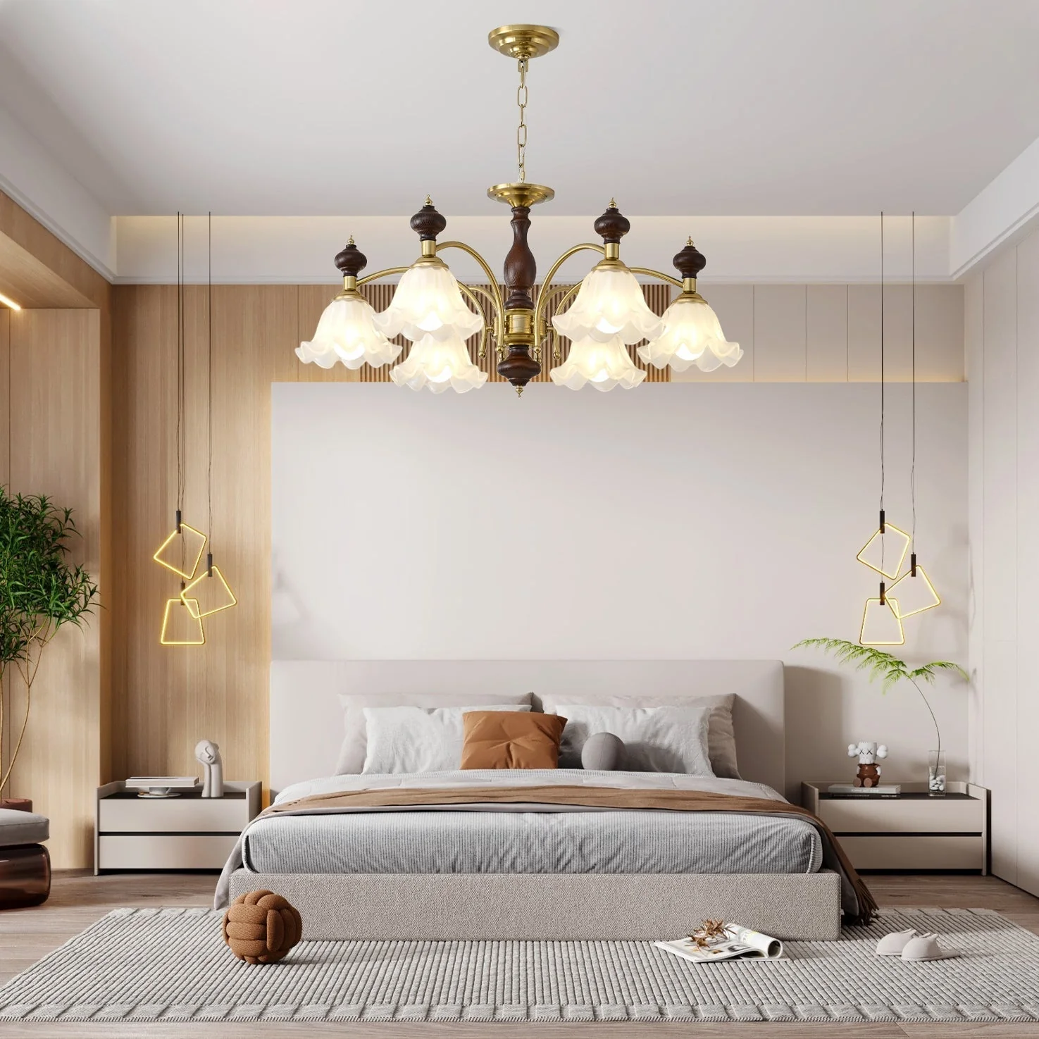 Lustra Chandelier Wood & Brass Blossom Flowers - Image 16