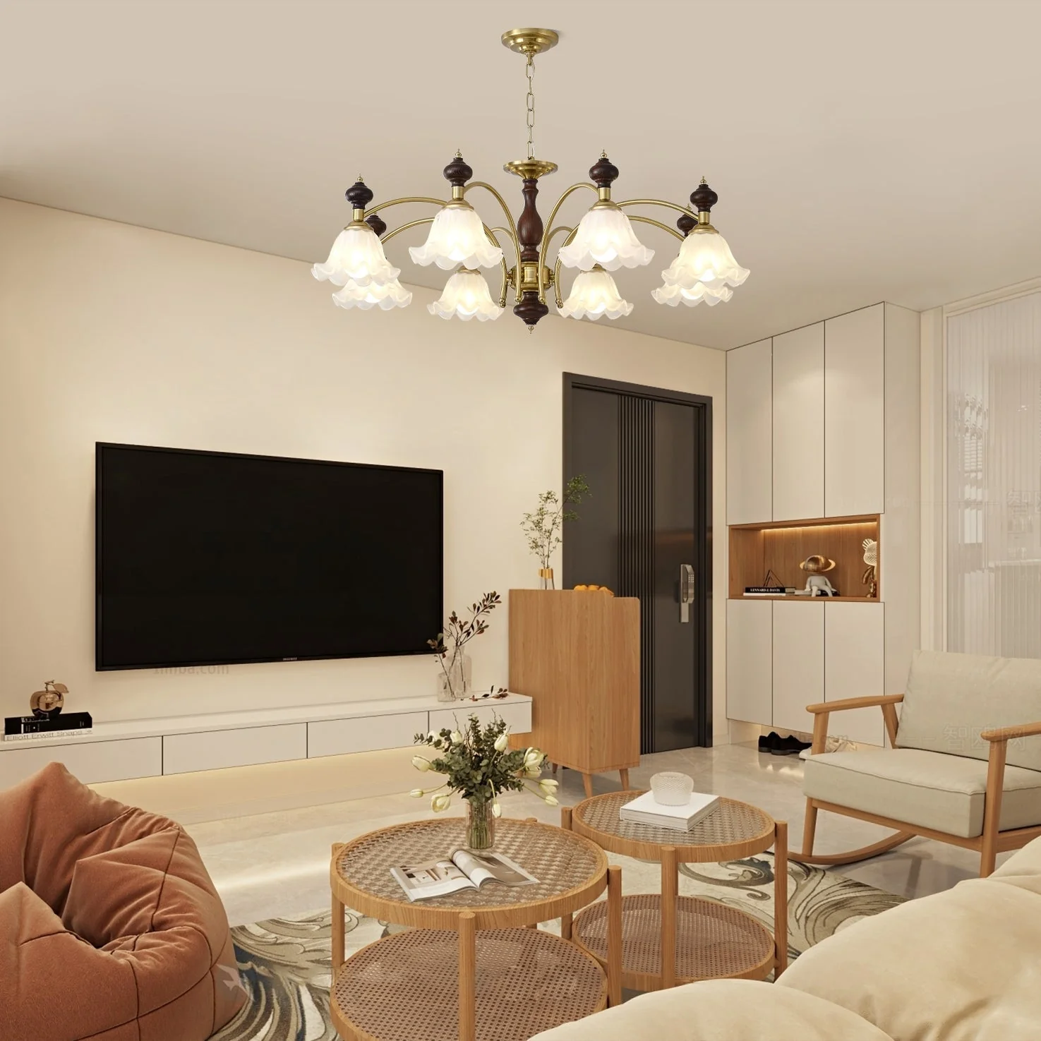 Lustra Chandelier Wood & Brass Blossom Flowers - Image 17