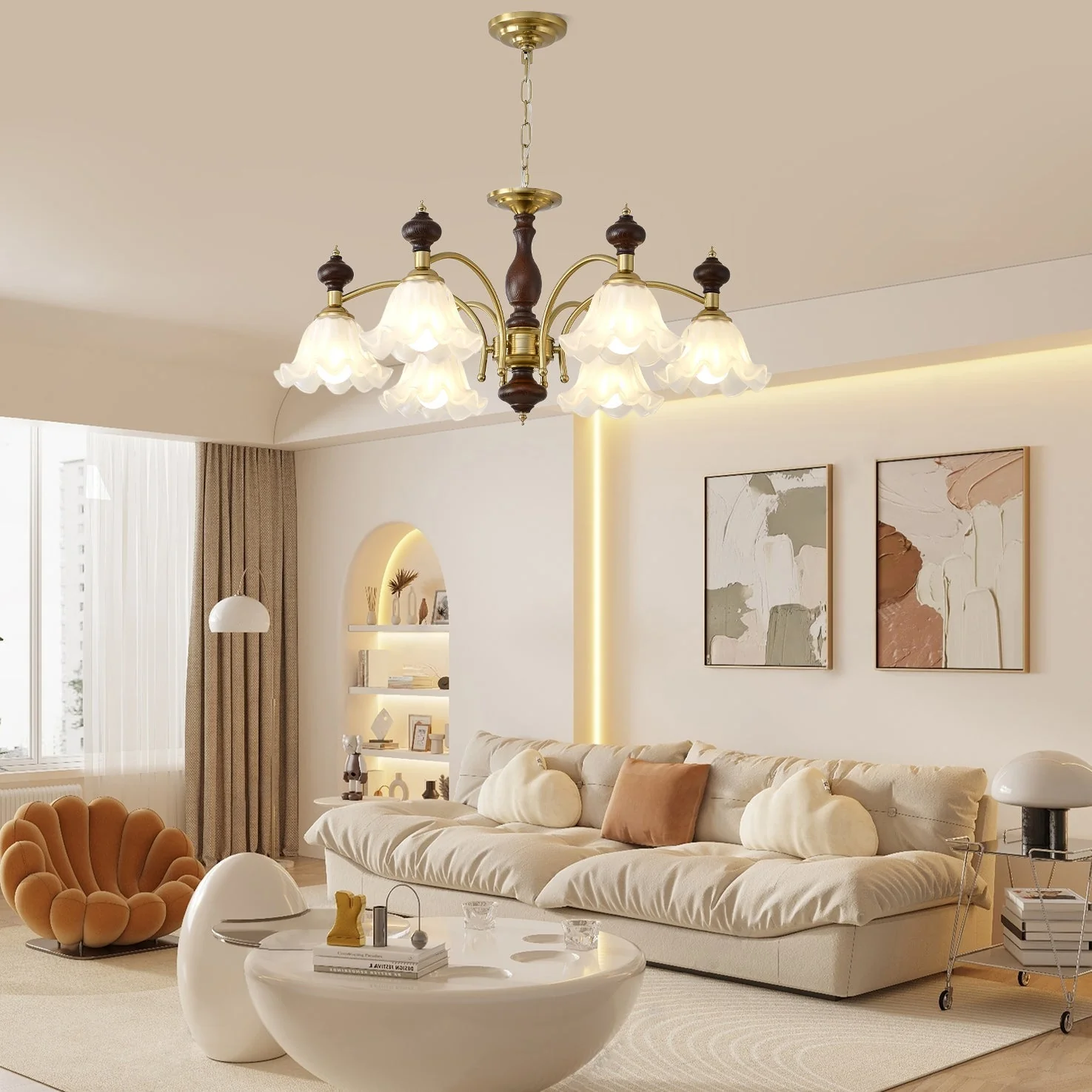 Lustra Chandelier Wood & Brass Blossom Flowers - Image 19