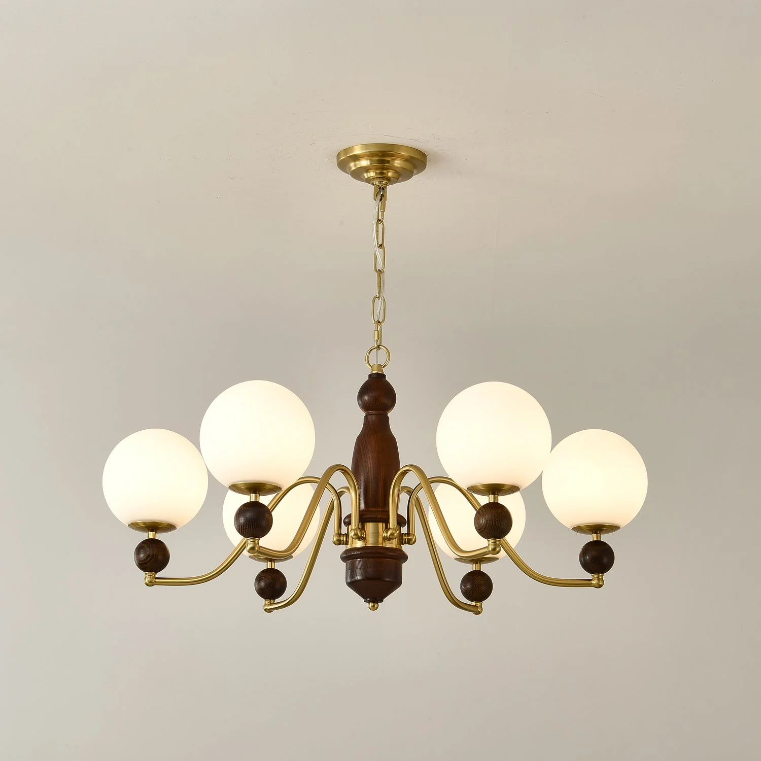 Lustra Chandelier Wood & Brass Globe - Image 2