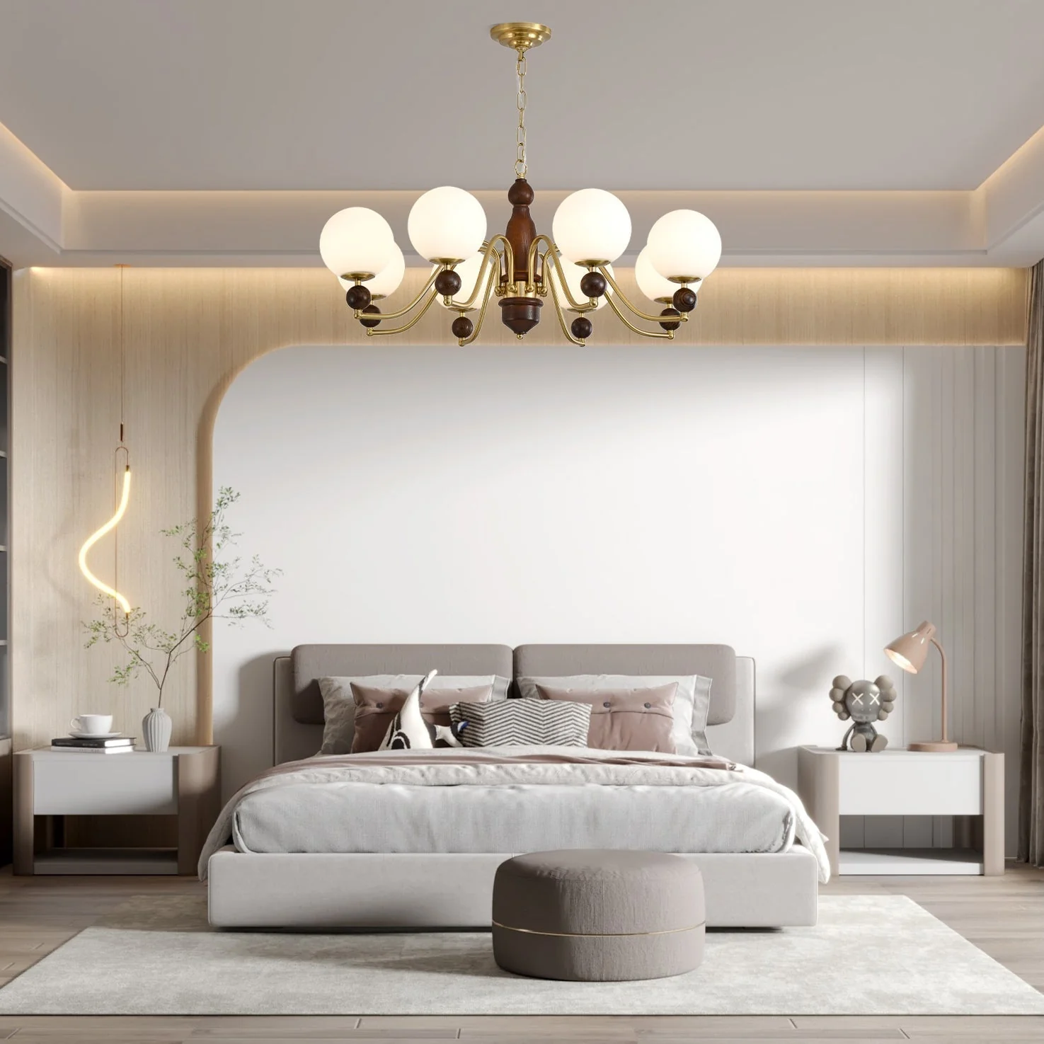 Lustra Chandelier Wood & Brass Globe - Image 21