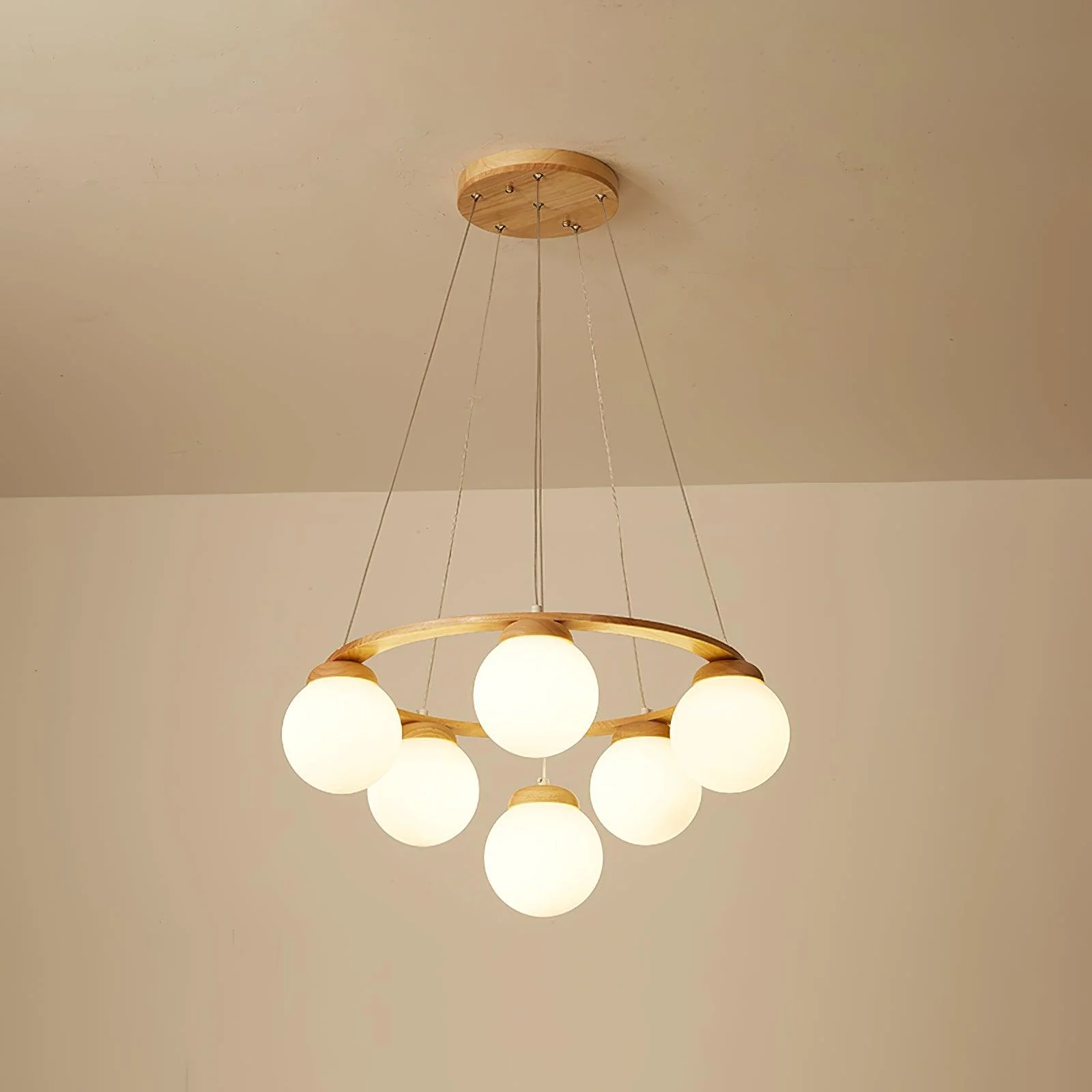 Lustra Chandelier Wood Ring Opal Glass Globes - Image 10