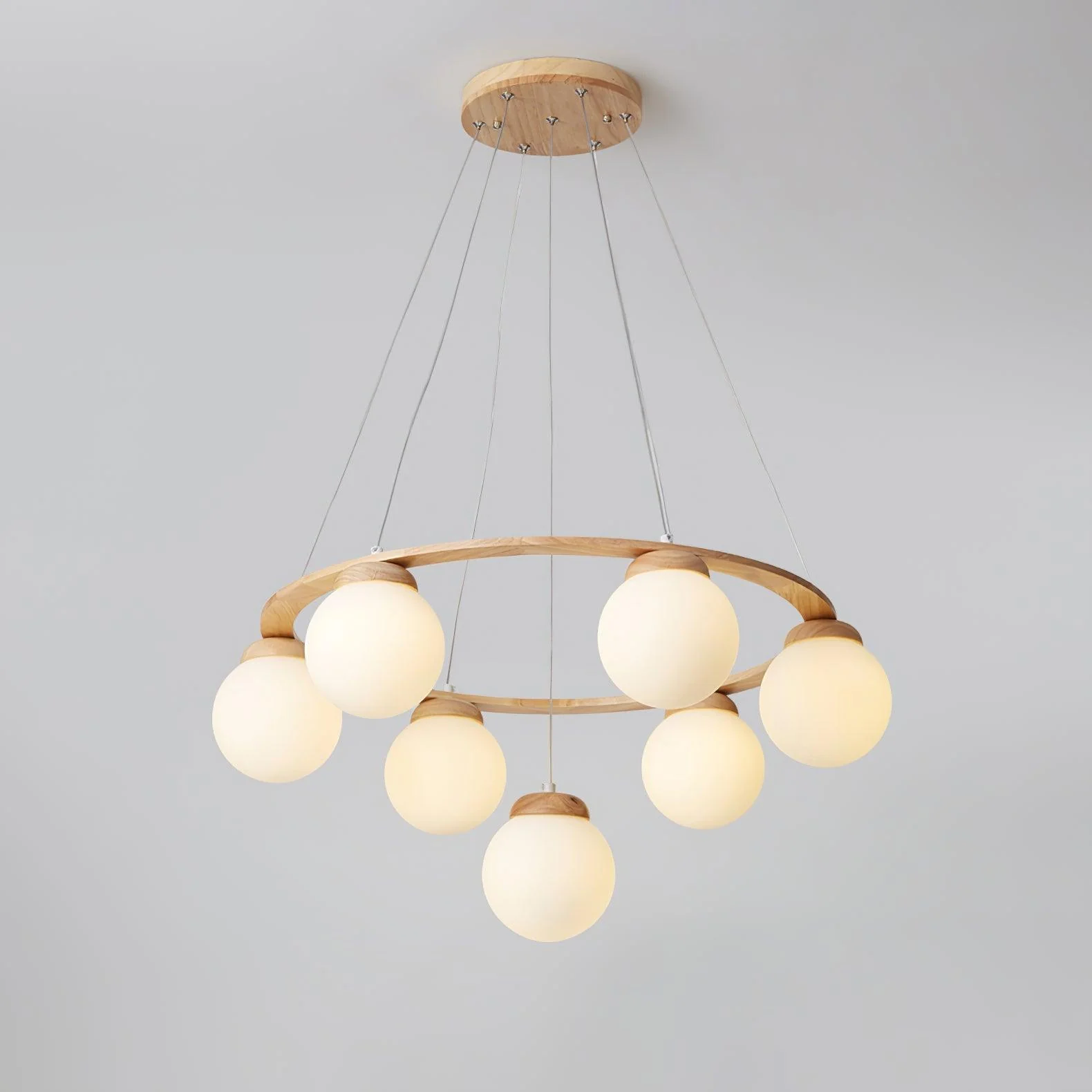 Lustra Chandelier Wood Ring Opal Glass Globes - Image 11