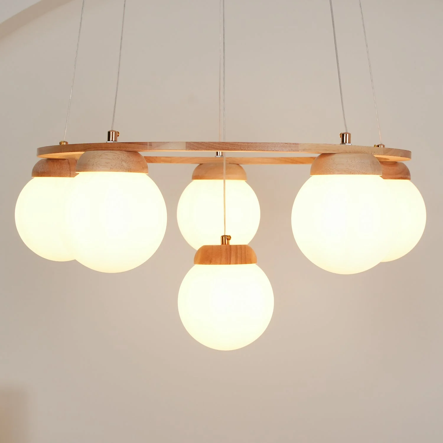 Lustra Chandelier Wood Ring Opal Glass Globes - Image 12