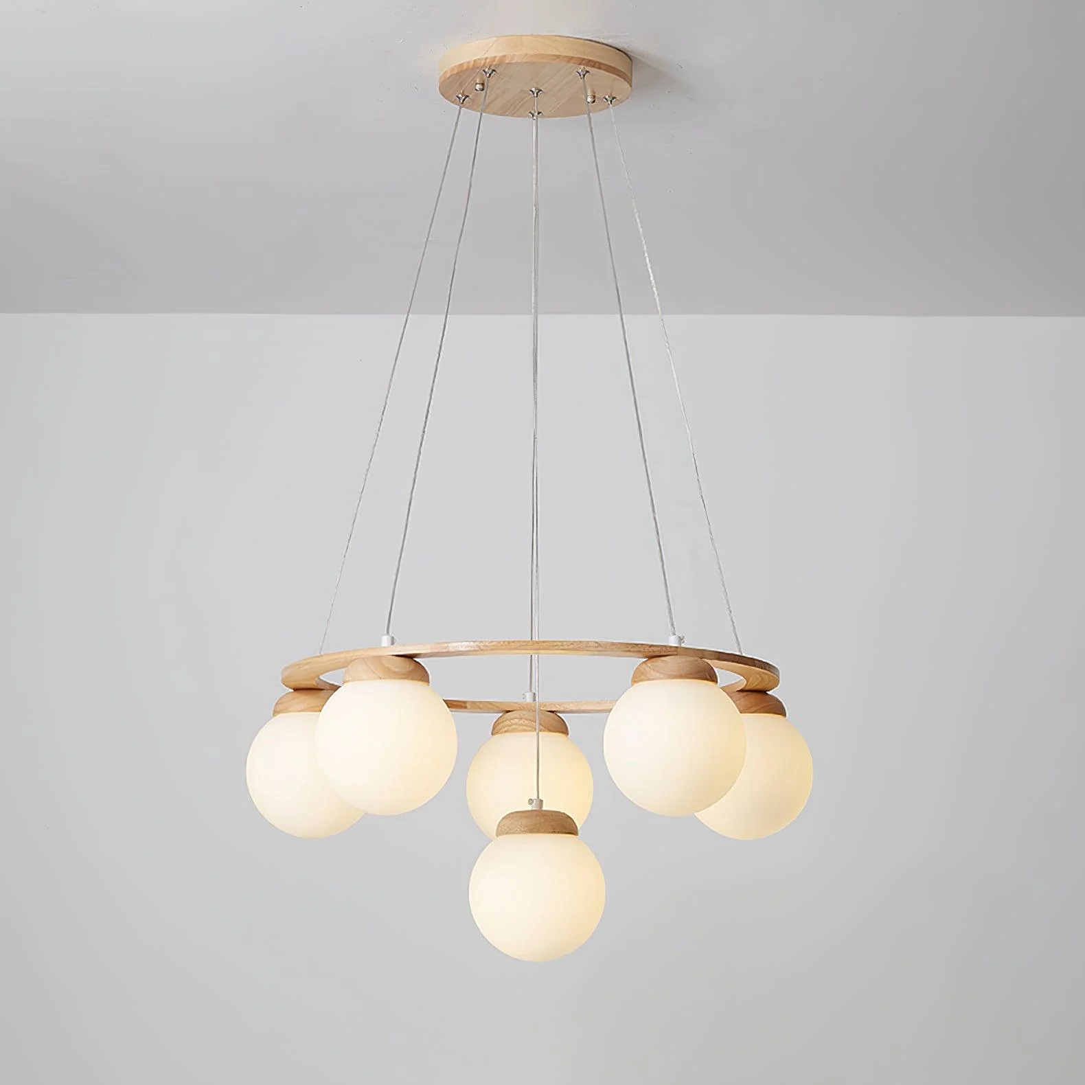 Lustra Chandelier Wood Ring Opal Glass Globes - Image 13