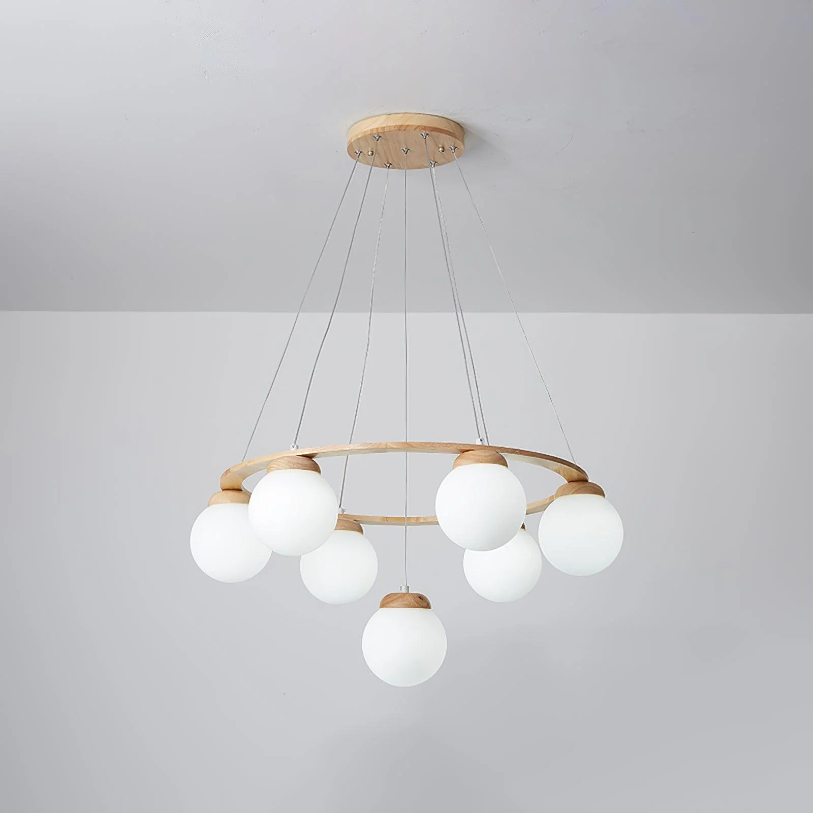 Lustra Chandelier Wood Ring Opal Glass Globes - Image 14