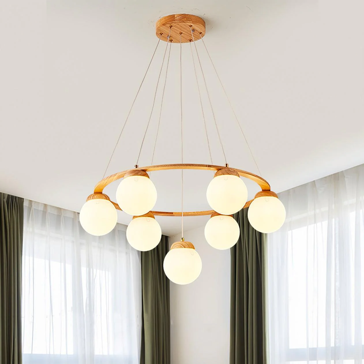 Lustra Chandelier Wood Ring Opal Glass Globes - Image 16