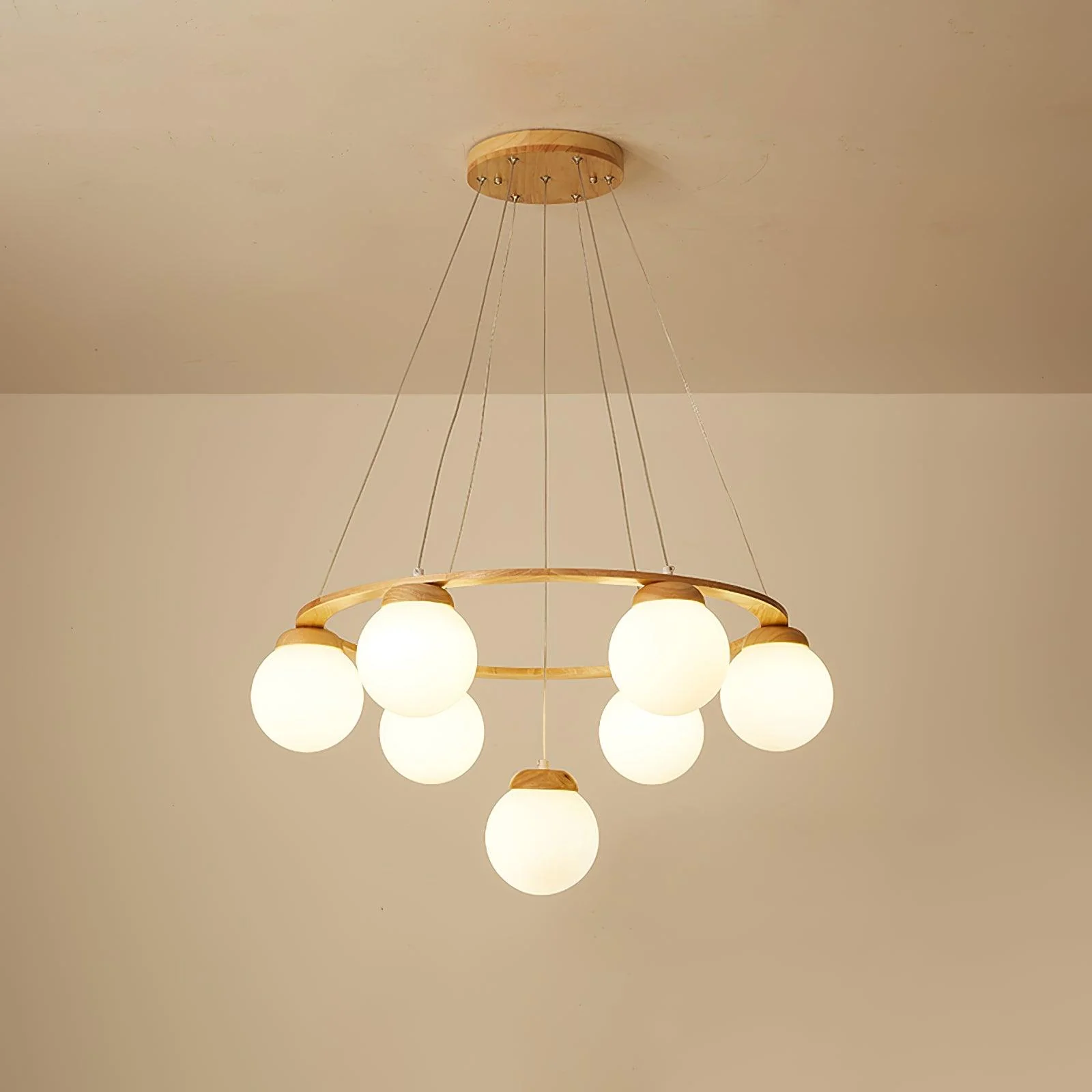Lustra Chandelier Wood Ring Opal Glass Globes - Image 17