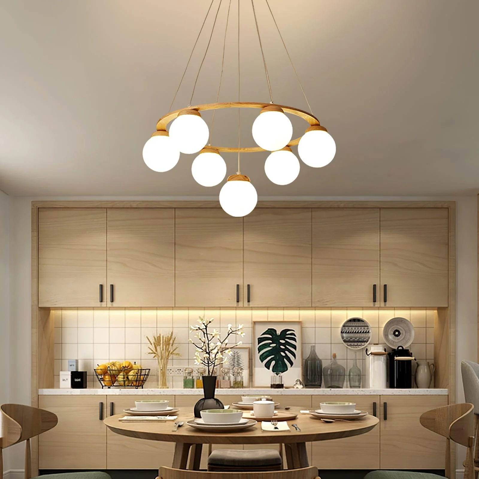 Lustra Chandelier Wood Ring Opal Glass Globes - Image 18