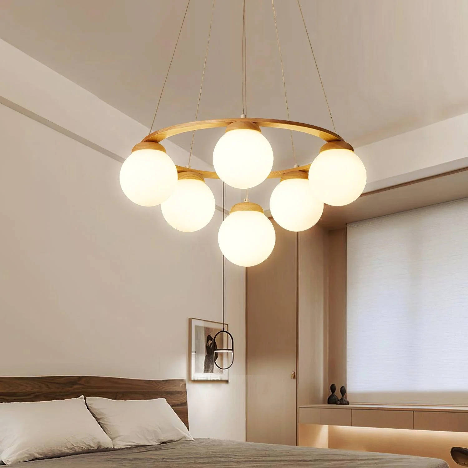 Lustra Chandelier Wood Ring Opal Glass Globes - Image 19