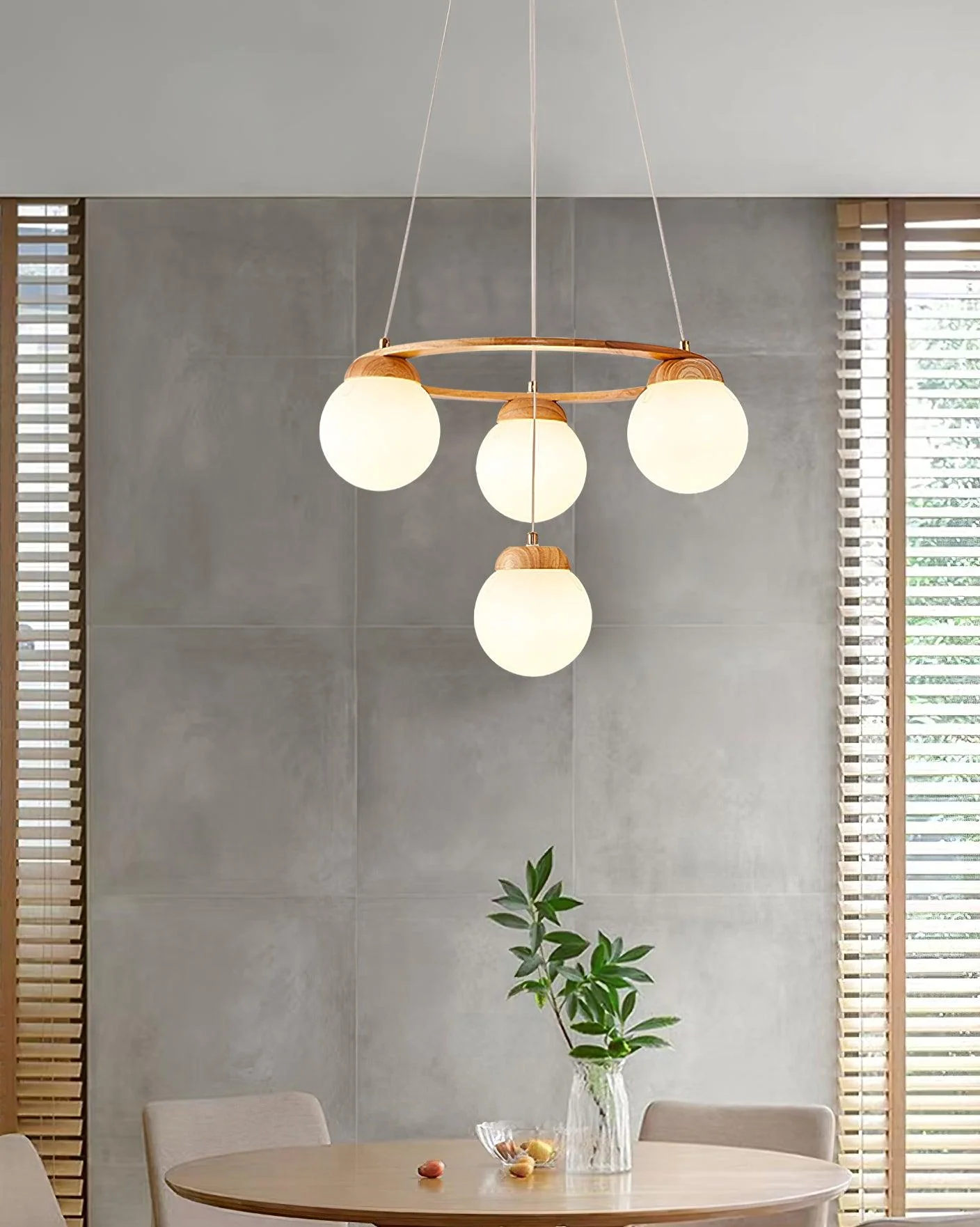 Lustra Chandelier Wood Ring Opal Glass Globes - Image 20